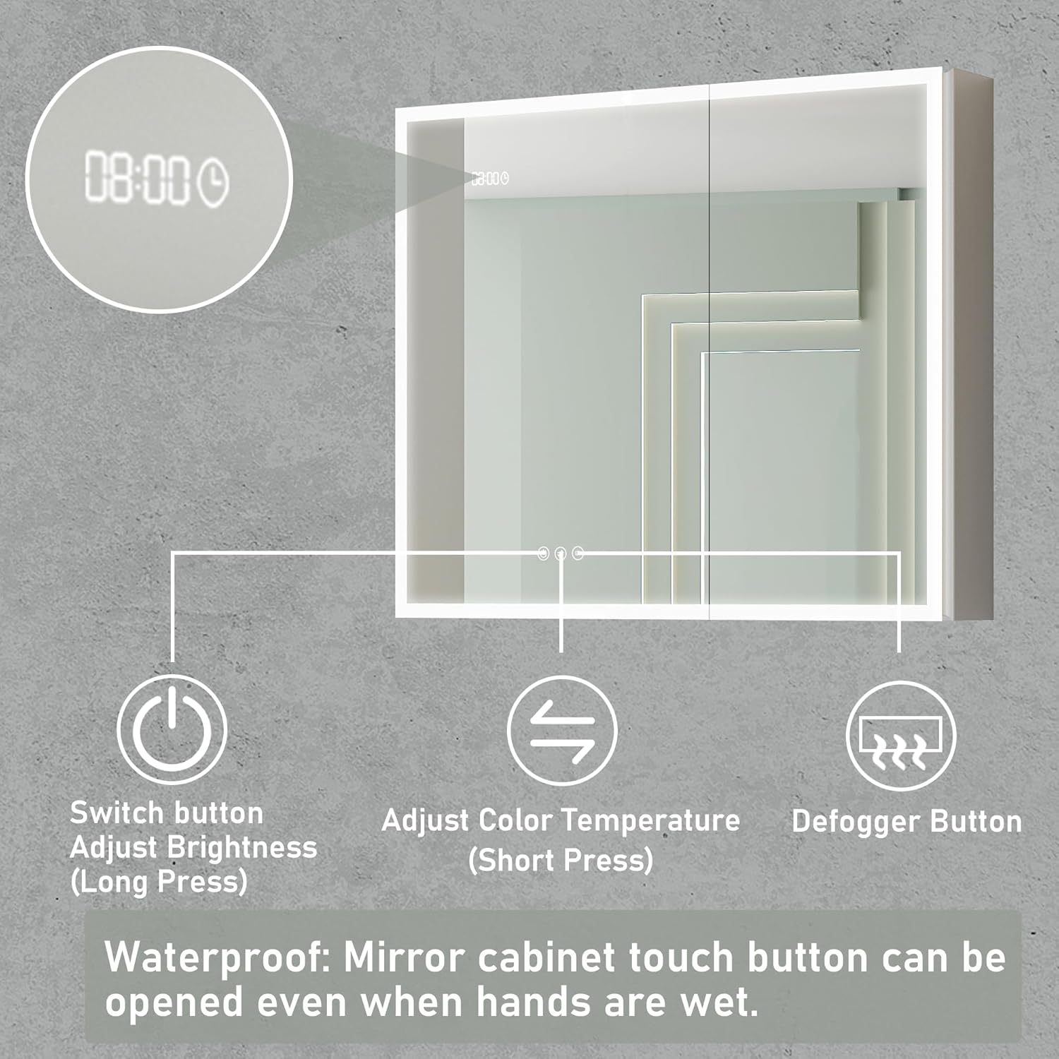 MIRPLUS Botiquín de baño de 36 x 30 pulgadas con espejo LED, 3 luces de color y ajuste de brillo, pantalla antivaho de tiempo y temperatura, montaje