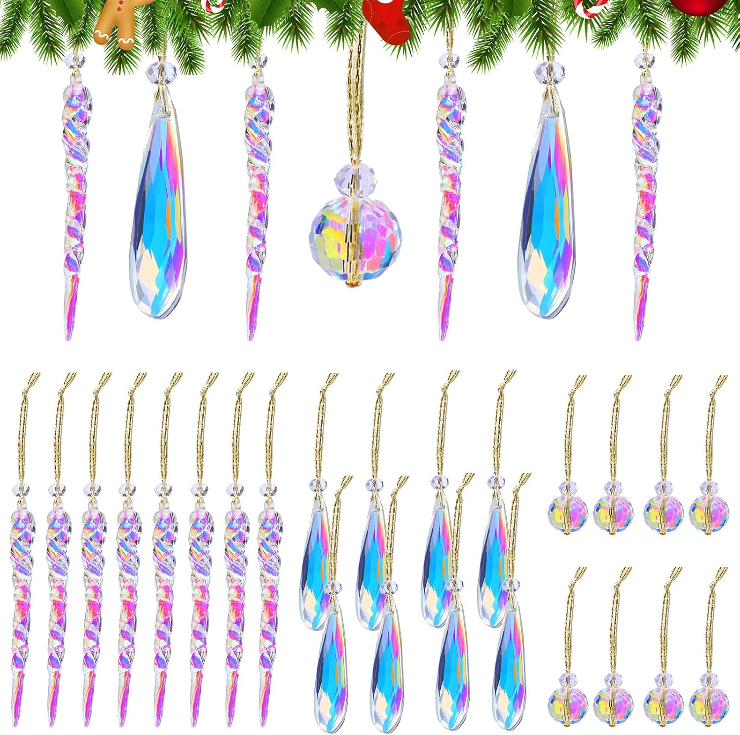 36 adornos de cristal de Navidad para árbol de Navidad, bolas de cristal multicolor, lágrima colorida, prisma colgante, cristales colgantes para