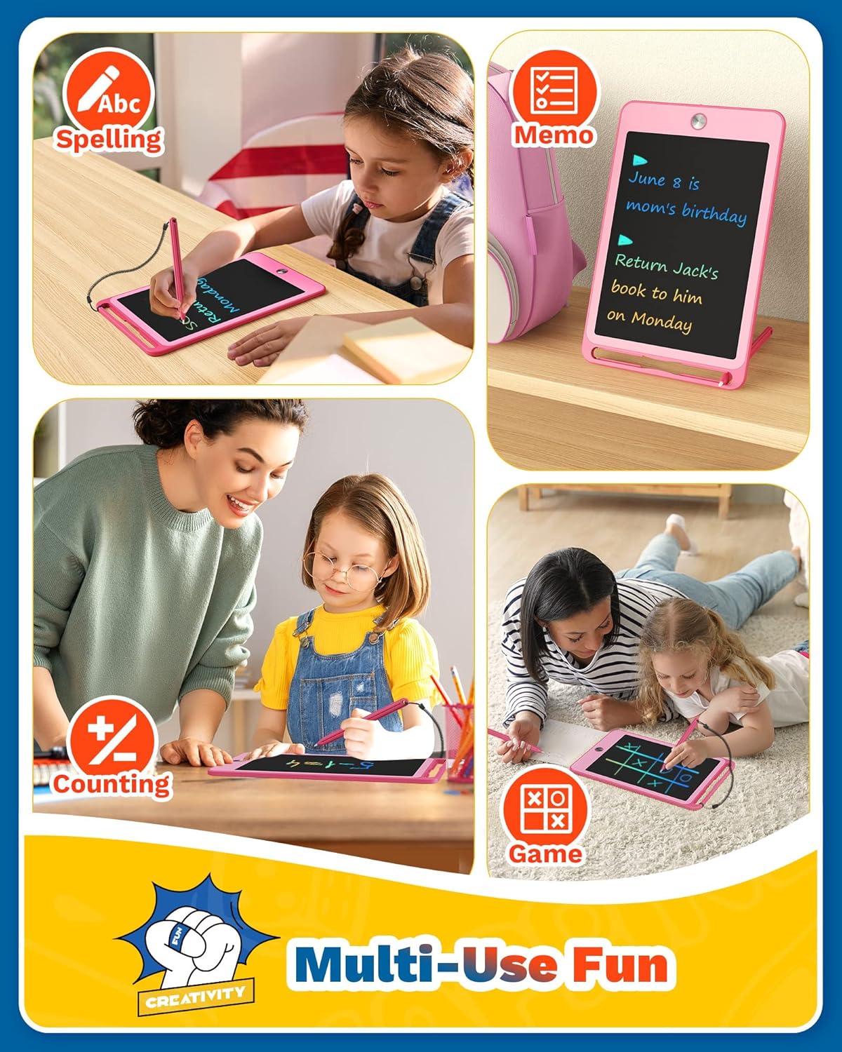 TEKFUN LCD Writing Tablet Kids Toddler Toys, 10inch Colorful Doodle Board Kids Travel Learning Toys Drawing Tablet, Birthday Gifts Presents for 2 3