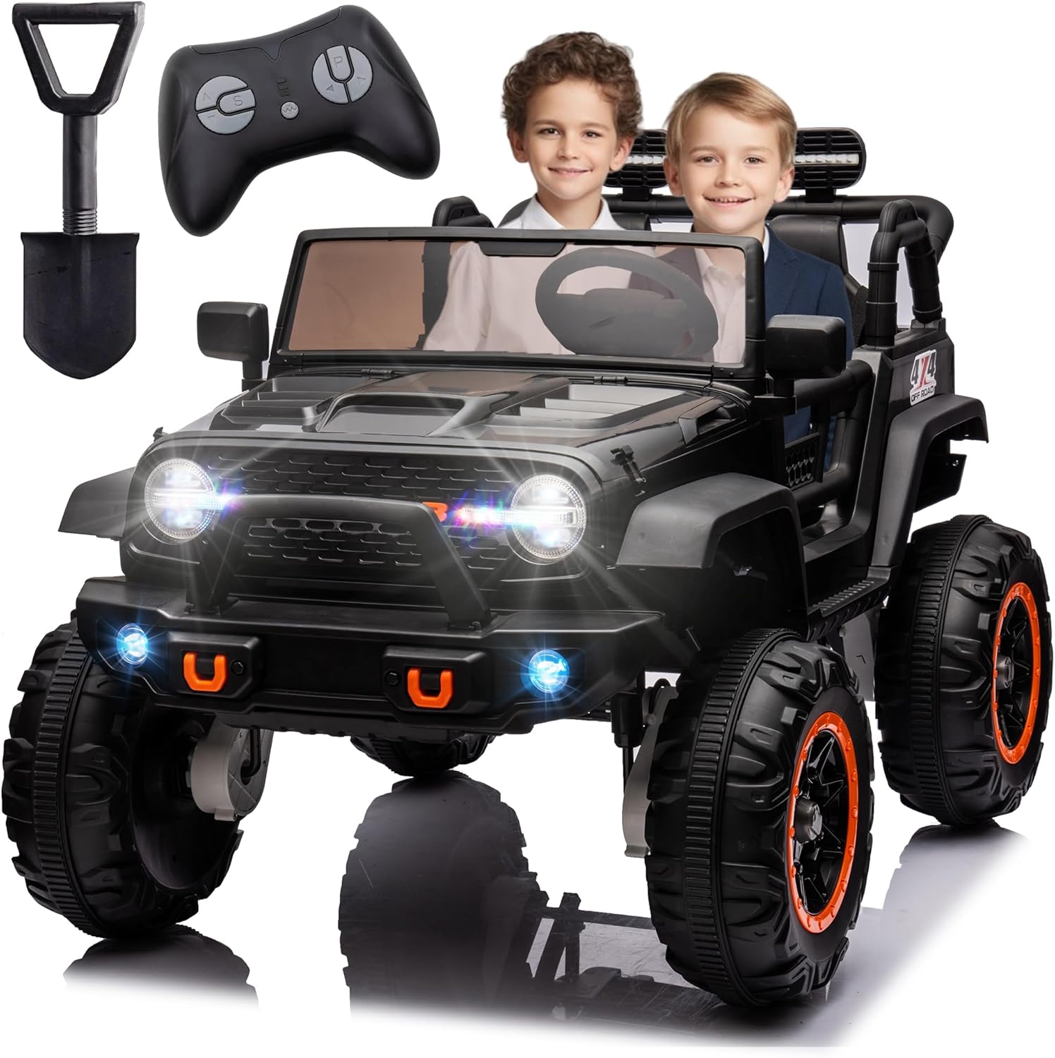 Camión de coche de 2 plazas para niños de 24 V con asiento extra ancho de 20 pulgadas, vehículo eléctrico para niños conmutable 4WD2WD con control
