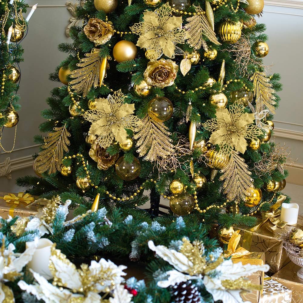 24 piezas de flores de Pascua artificiales de hojas de acebo de malla dorada con purpurina de Navidad, adornos de árbol de 5.9 pulgadas de ancho