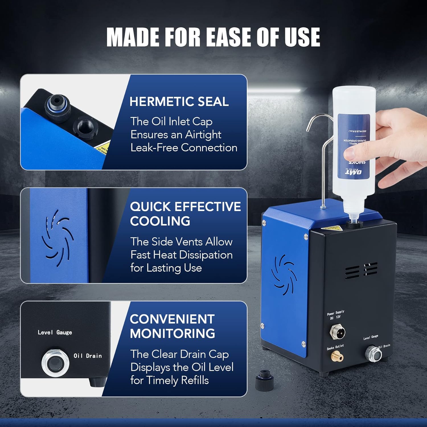 Orion Motor Tech Detector de fugas de humo OMT, máquina de humo automotriz con bolsa de aire de entrada de aceite mineral y 4 adaptadores de cono,