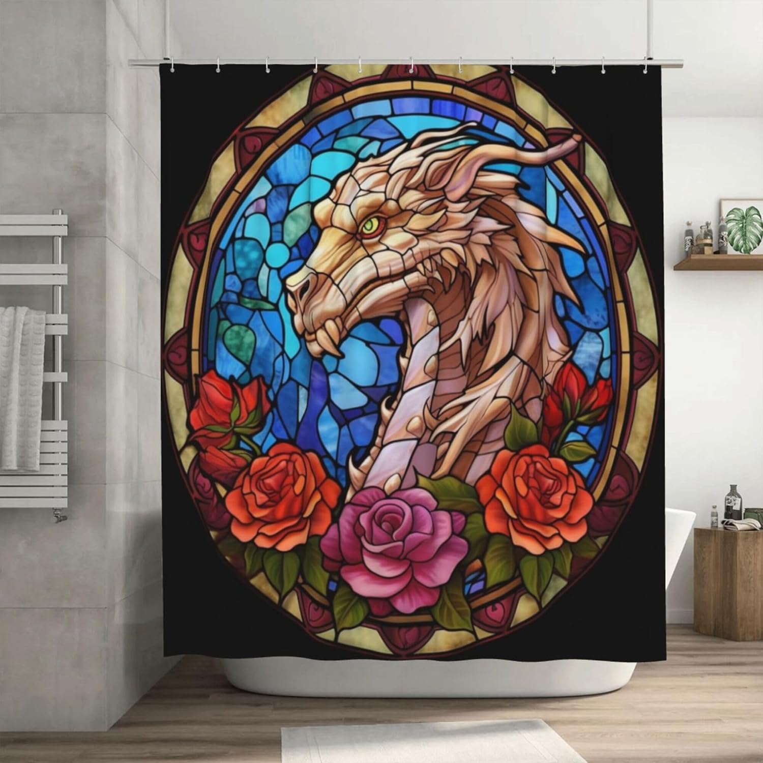 Juego de cortina de ducha de dragón para baño, diseño de hojas de flores, arte de vidrio, bohemio, tela abstracta de animales lindos, moderna,