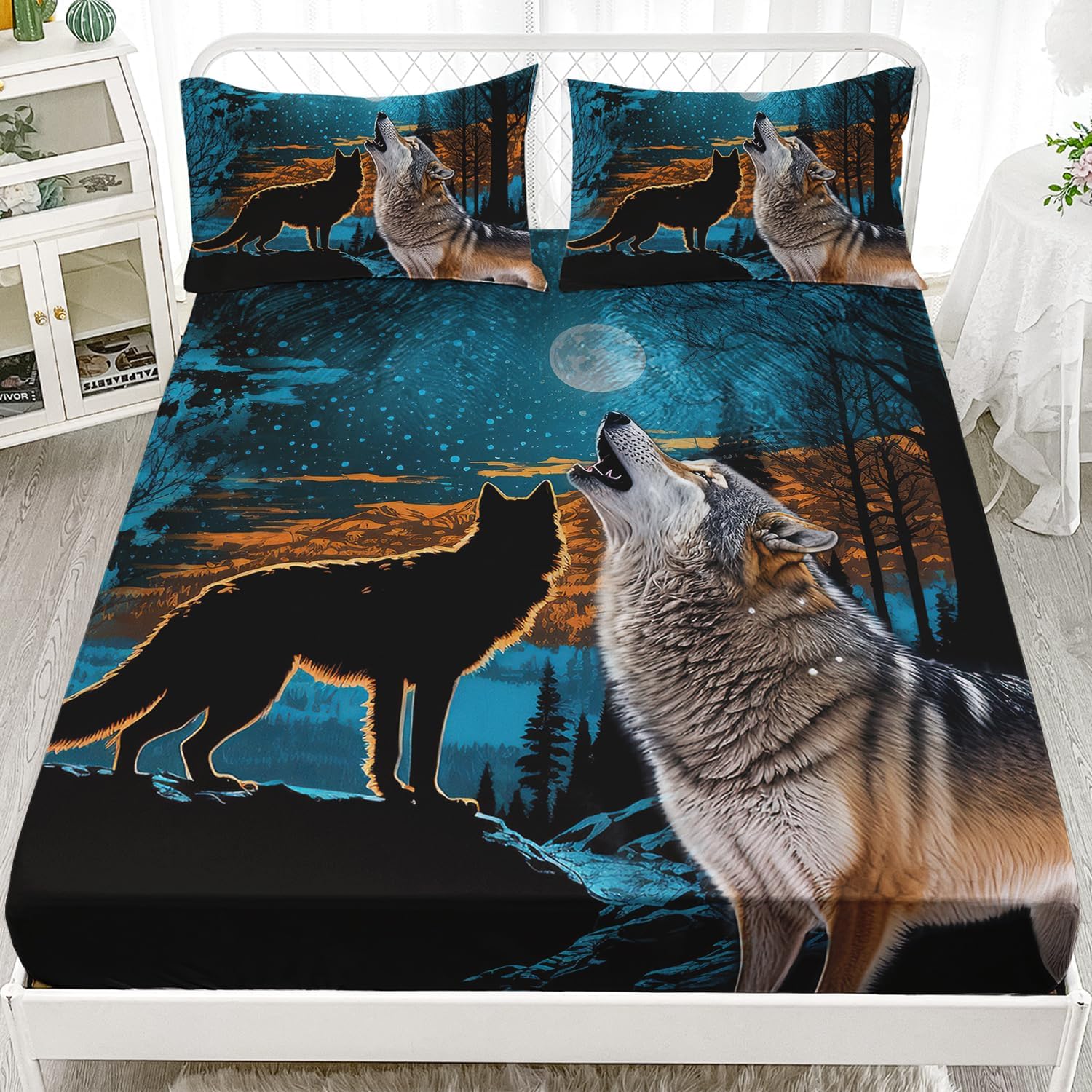 HOSIMA Sábana bajera ajustable con estampado de animales del bosque con 2 fundas de almohada, ropa de cama de árbol y luna y lobo, sábana bajera de