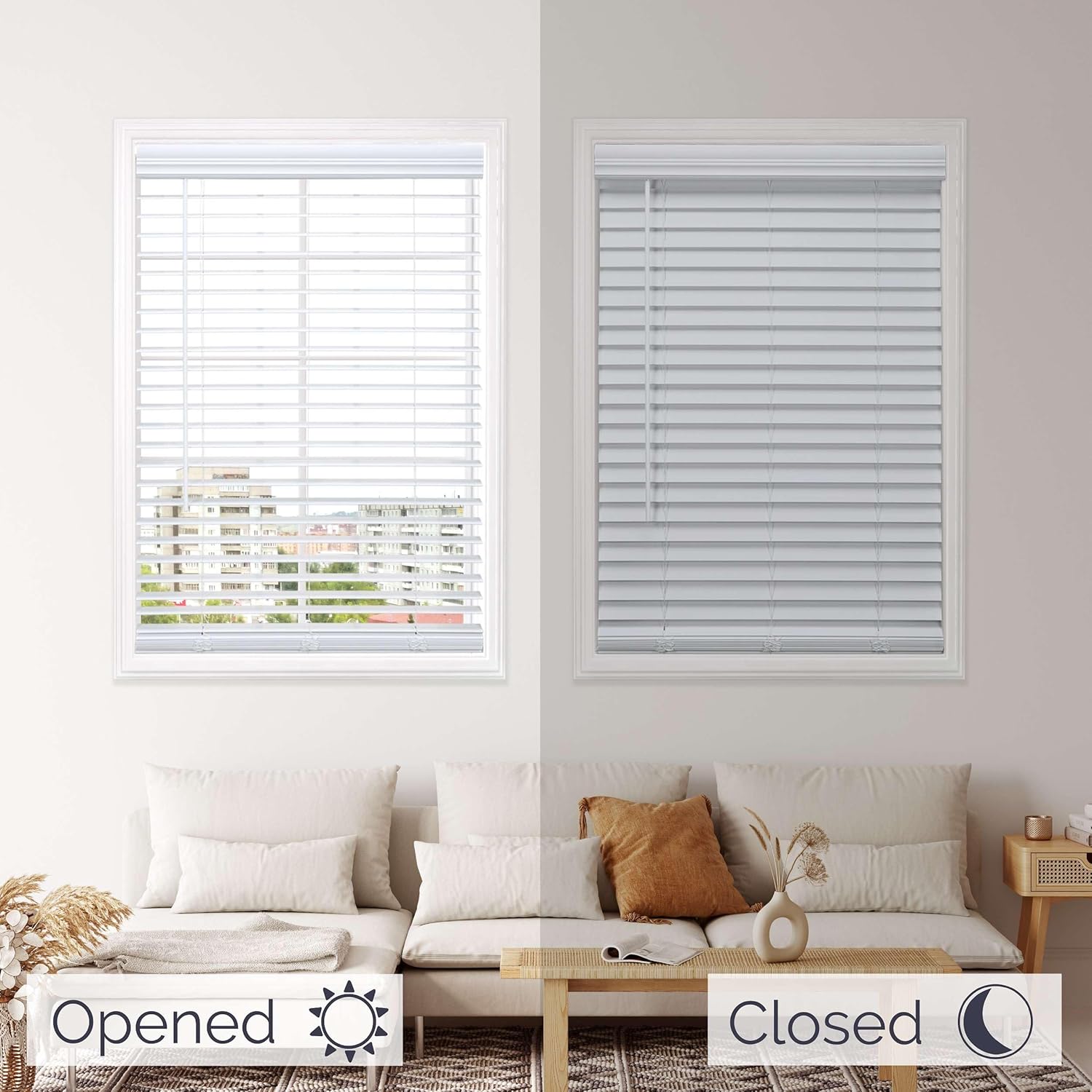 Linen Avenue Persianas de madera sintética blanca personalizables, inalámbricas, de 20 a 23 pulgadas de ancho x 68 pulgadas de alto, montaje