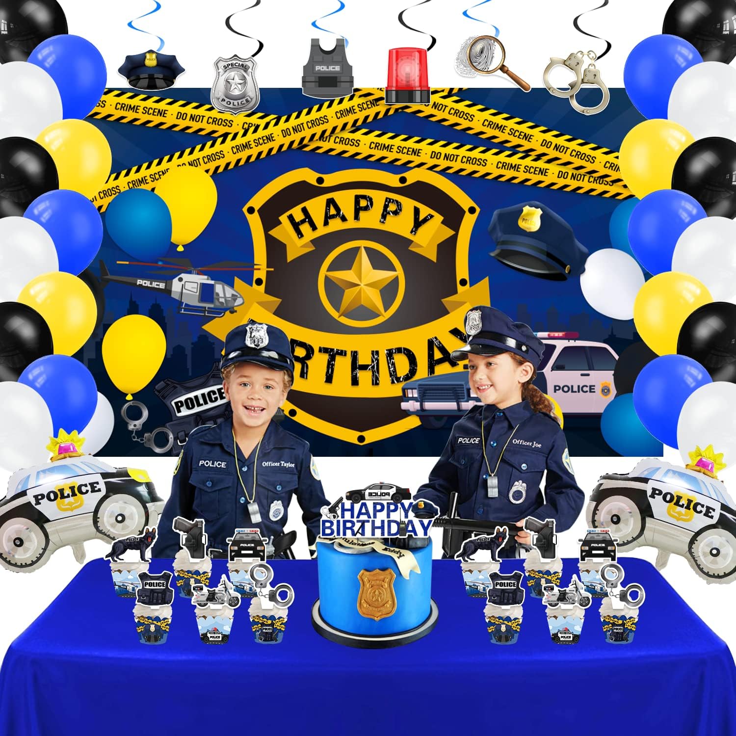 Suministros de fiesta de cumpleaños de policía, 159 piezas de decoración de fiesta de autos de policía para niñas y niños – telón de fondo,