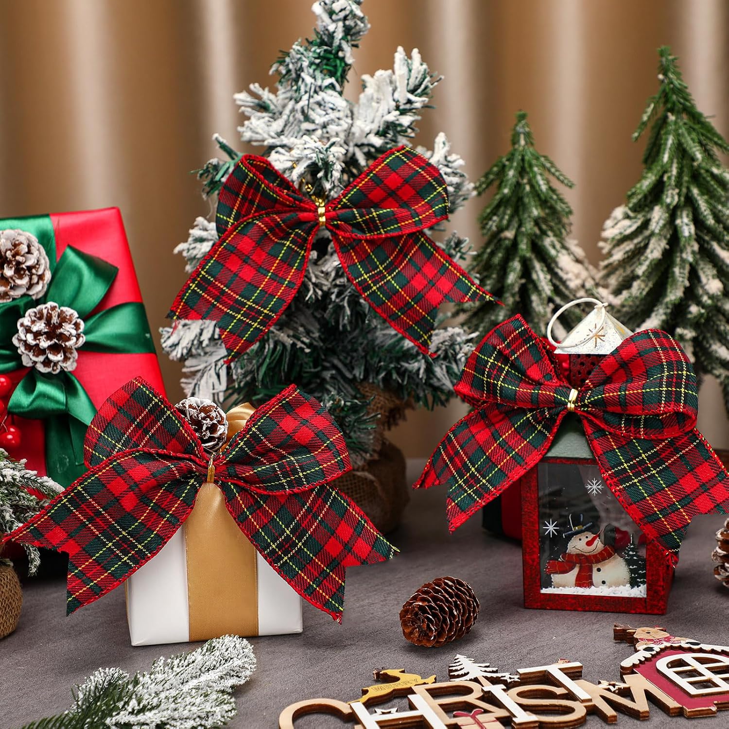 Jetec 12 lazos de Navidad a cuadros decorativos de 6 pulgadas, lazos a cuadros de Navidad, lazos, coronas, adornos para guirnalda de árbol de