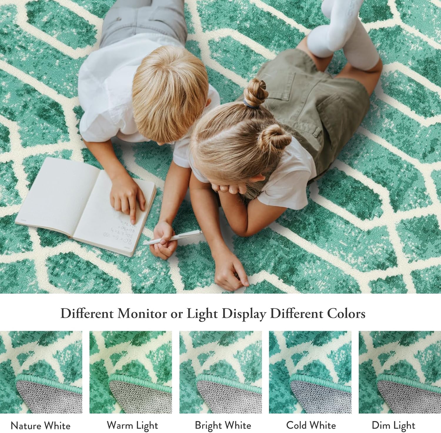Lahome Alfombra de área lavable para dormitorio, alfombra verde para sala de estar, alfombra de 4 x 6 pies con enrejado geométrico, contemporánea,