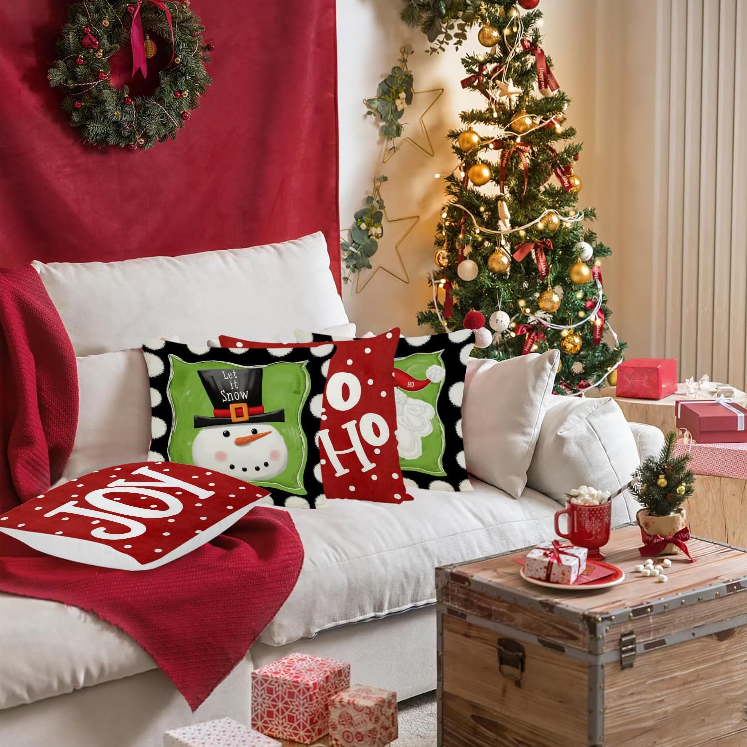 Juego de 4 fundas de almohada navideñas de 18 x 18 pulgadas, muñeco de nieve, Papá Noel, lunares, Ho Ho Ho Joy, decorativas, para decoración de