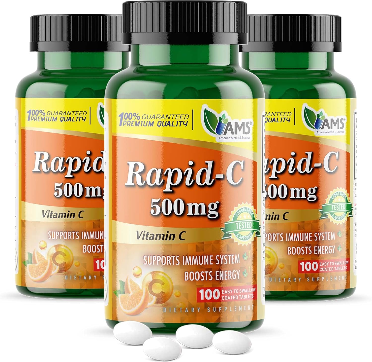 America Medic & Science Rapid-C – Suplemento de vitamina C de 500 mg (paquete de 3 100 tabletas), refuerzo de energía, apoyo diario del sistema