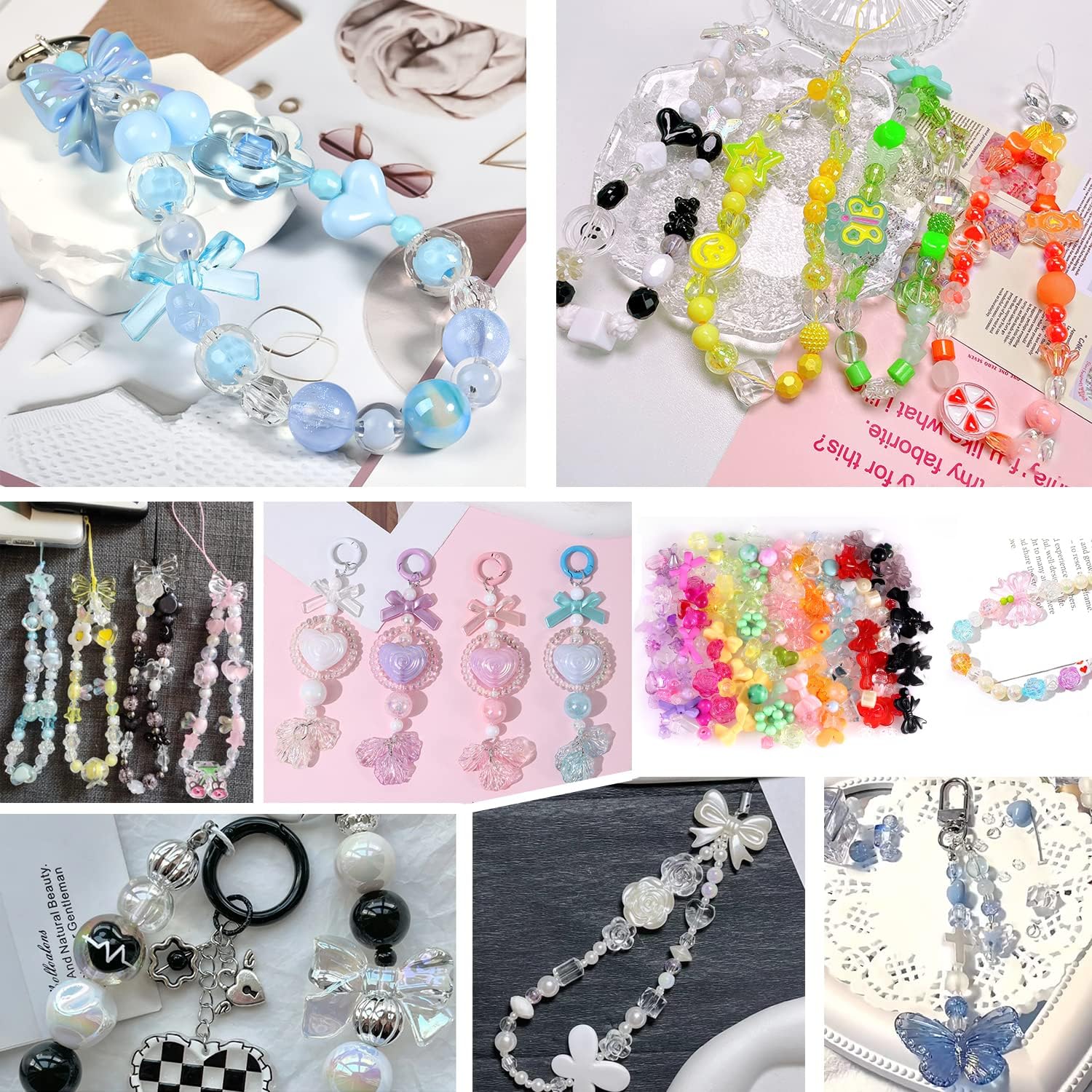 Cuentas estéticas de acrílico surtidas de 5.29 oz (170  230 unidades) para hacer joyas, cuentas redondas kawaii, corazón, estrella, mariposa, lazo,