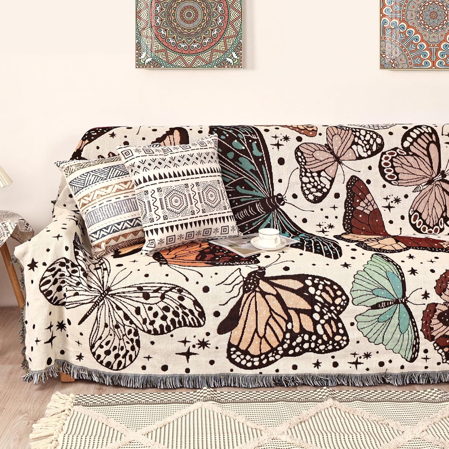 Shesyuki Manta bohemia reversible de algodón, tapiz bohemio hippie para decoración de habitación de doble cara (estampado de polilla de monte 60 x