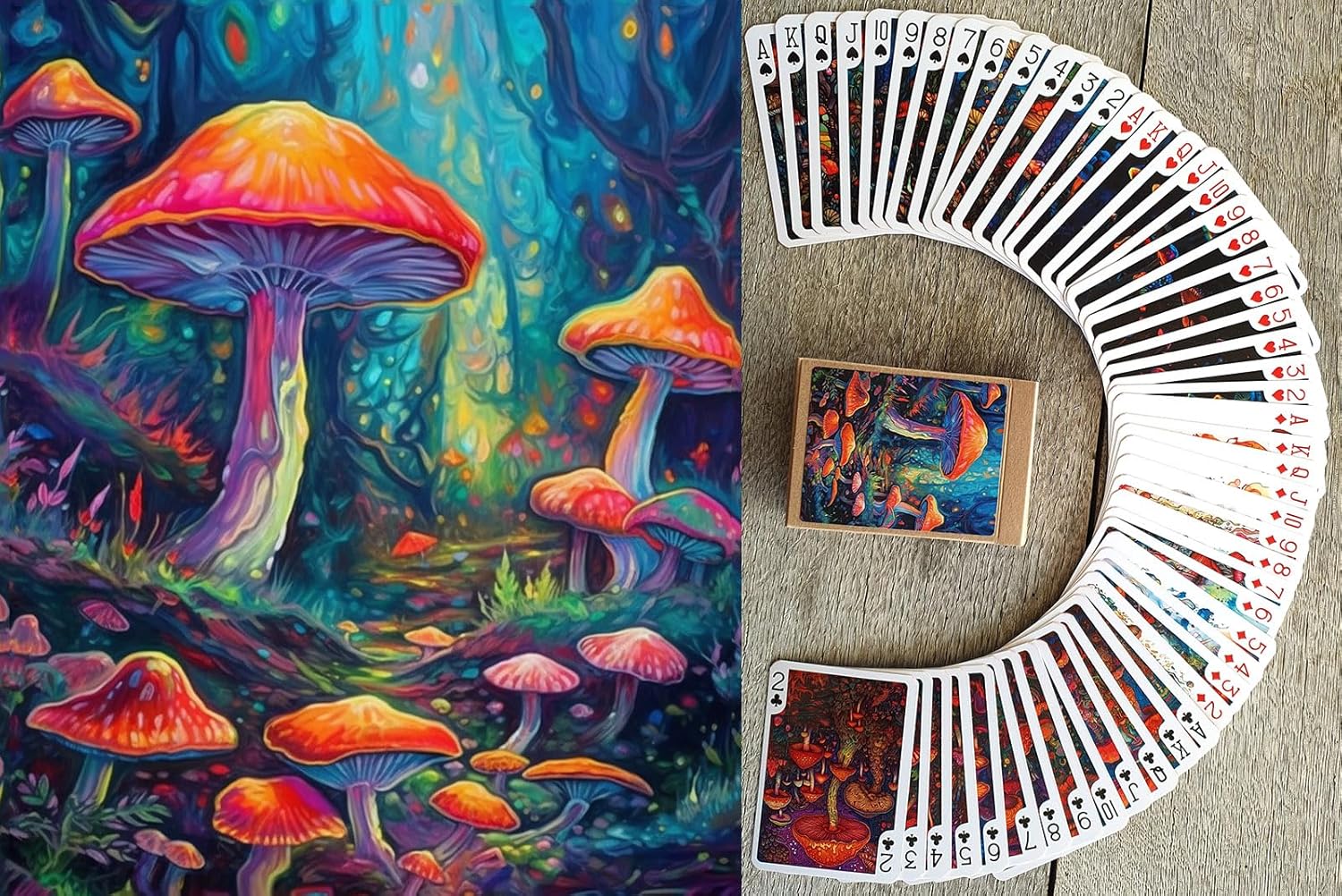 Funky Mushrooms Playing Cards (Poker Deck 54 Cartas Todas Diferentes) Vidrio Psicodélico Manchado Arte Bioluminiscente Cool Setas Vintage Ilustración