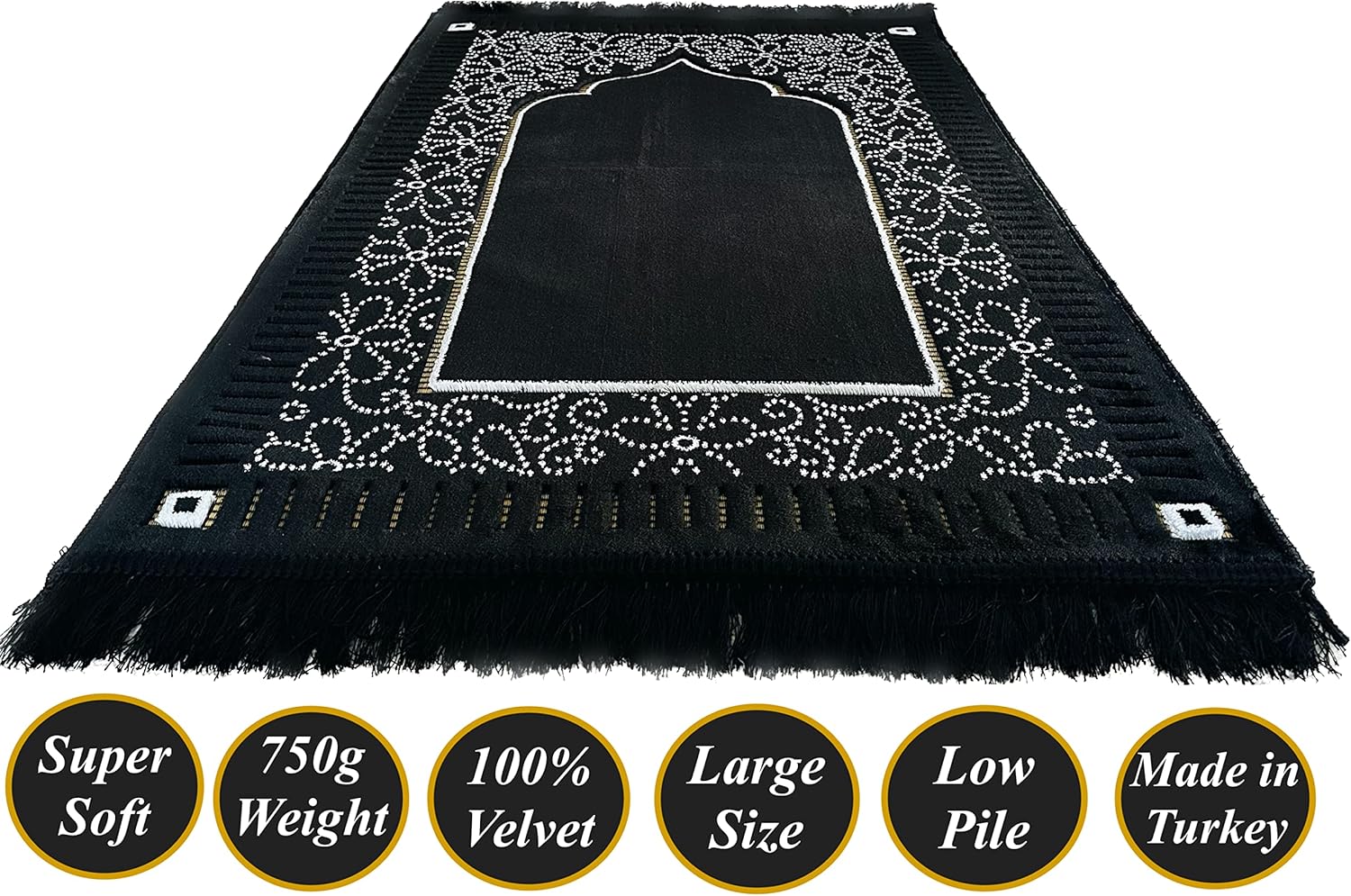 Mihrab – Tapete de oración de terciopelo de lujo original, 26.46 oz de peso, fabricado en Turquía, color negro