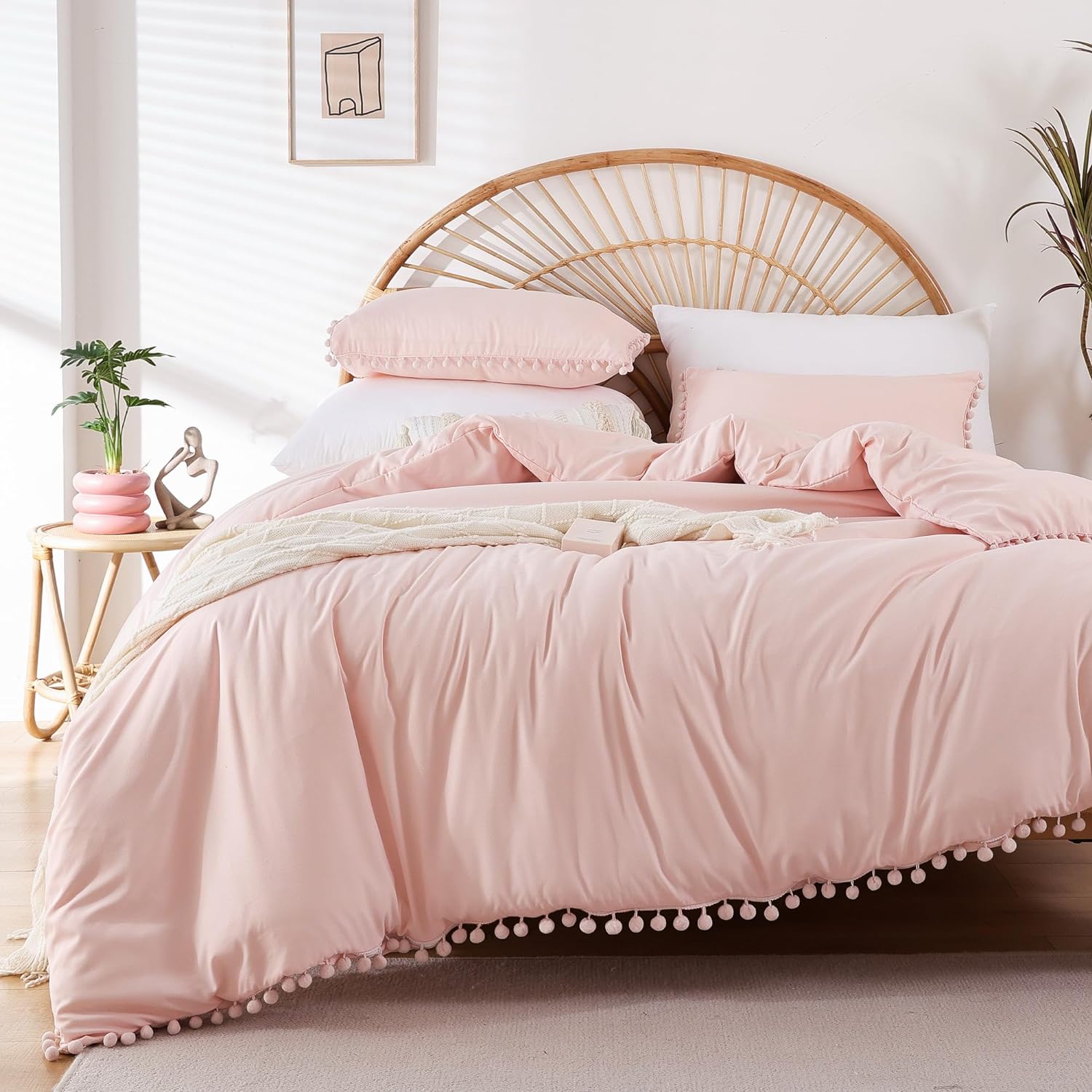YIRDDEO Juego de edredón de 3 piezas con diseño de flecos de pompones, juego de ropa de cama matrimonial lujoso y bohemio estético, juego de edredón
