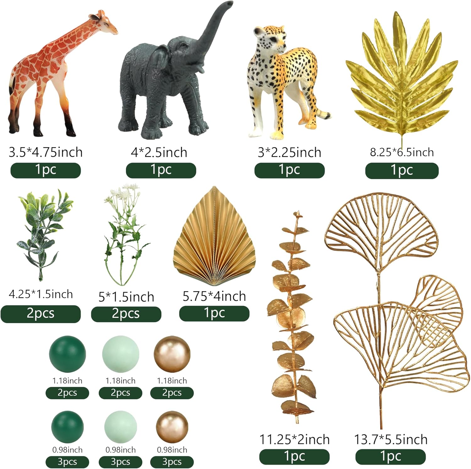26 piezas de animales de la selva para tartas de animales de safari, figuras de animales dorados, palmas doradas, decoración de pasteles de animales