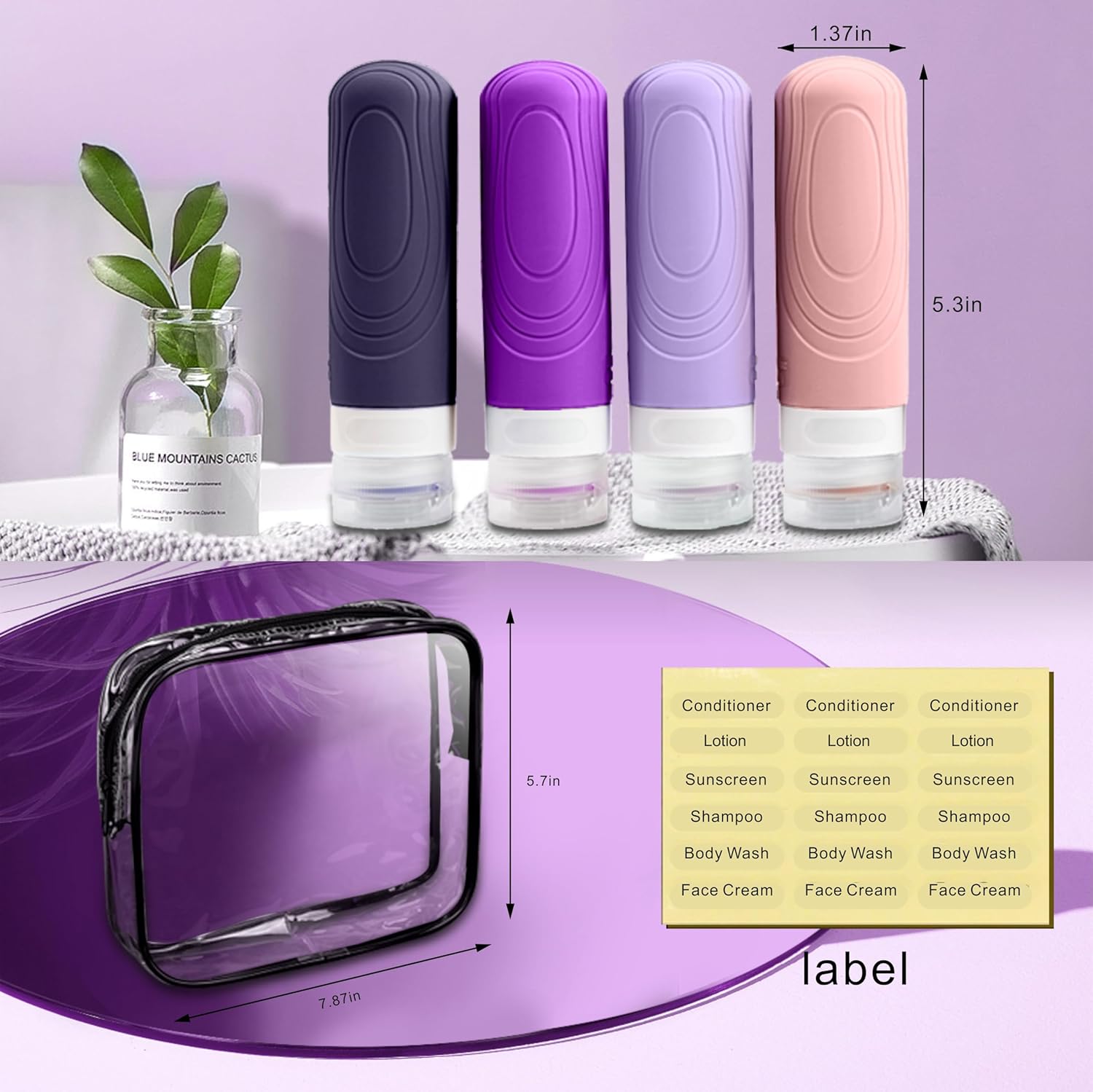GLAMFIELDS Botellas de viaje para artículos de aseo personal, aprobadas por la TSA, recipientes de viaje de silicona a prueba de fugas, 3 onzas para