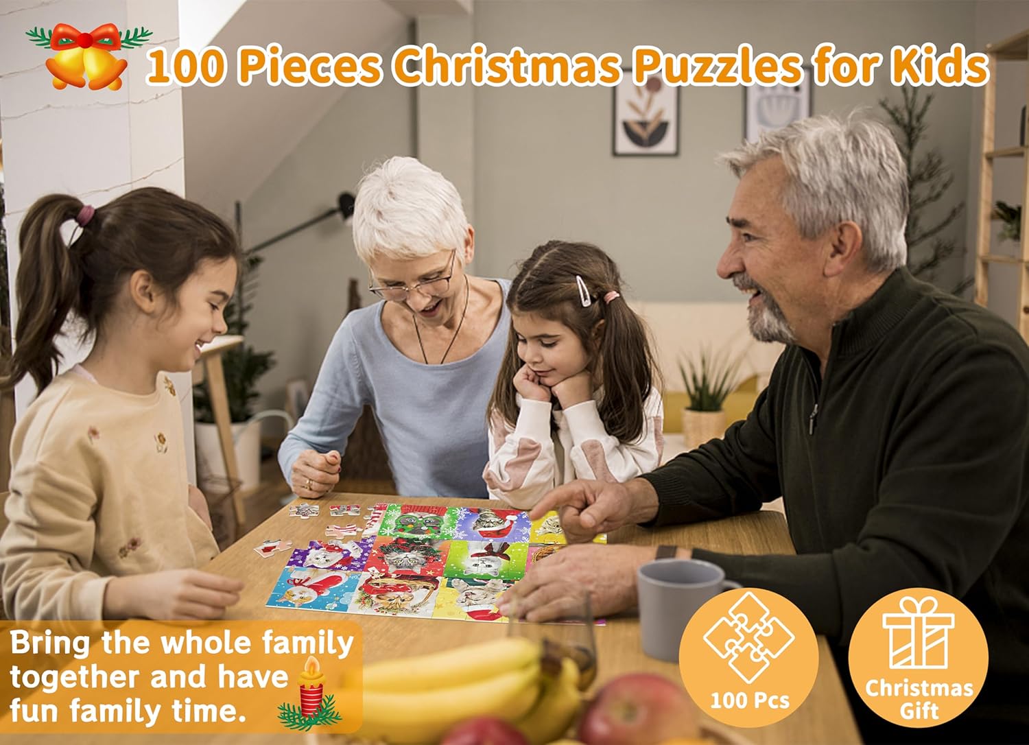 Rompecabezas de Navidad de 100 piezas para niños, gatos de Navidad, rompecabezas multicolor para niños de 4 a 8 años, 3 a 5 y 8 a 10 años, juguetes