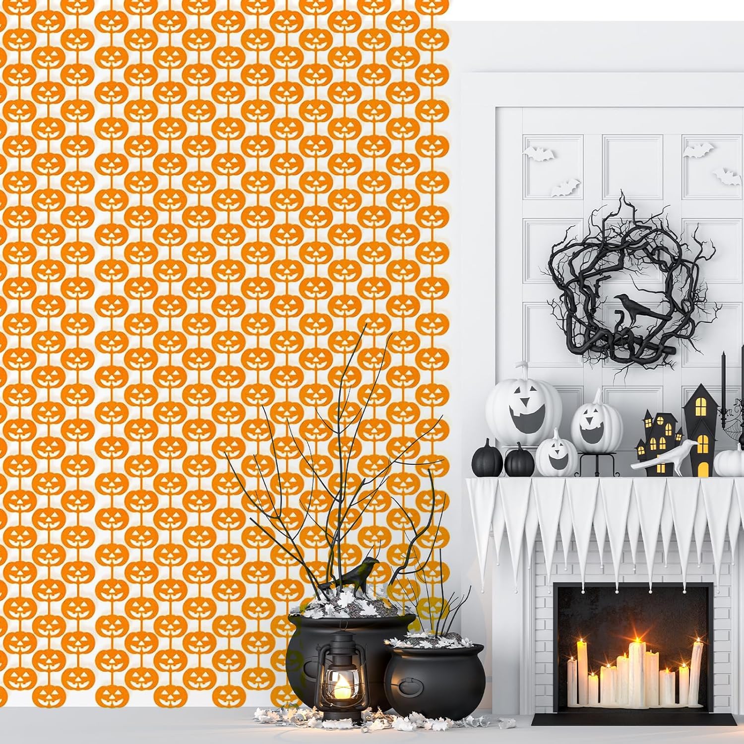 Paquete de 2 cortinas de flecos metálicos de Halloween de 3.2 x 6.6 pies, cortinas de oropel en forma de calabaza naranja, accesorios para fotos,