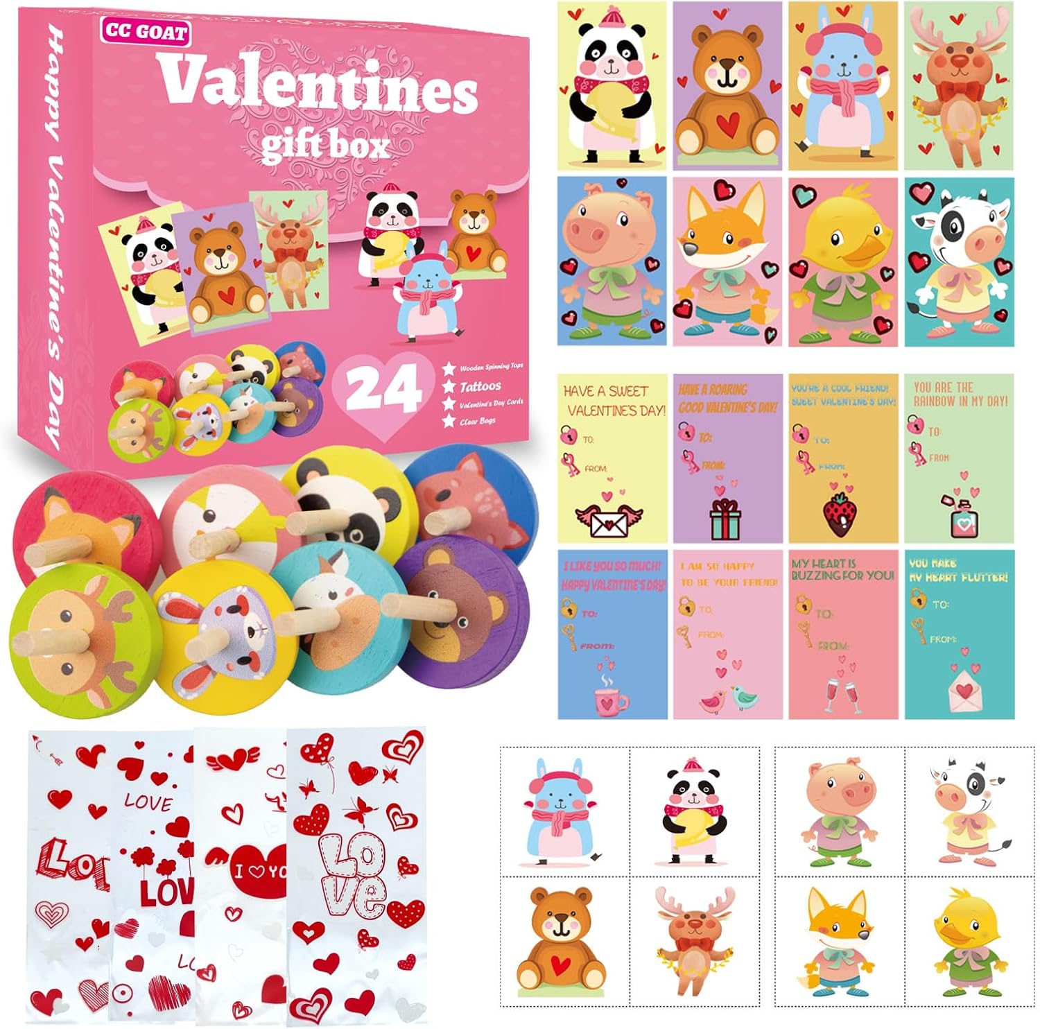 96 juguetes de San Valentín para clase, tarjetas de intercambio del día de San Valentín para niños, tapas giratorias de madera, calcomanías de