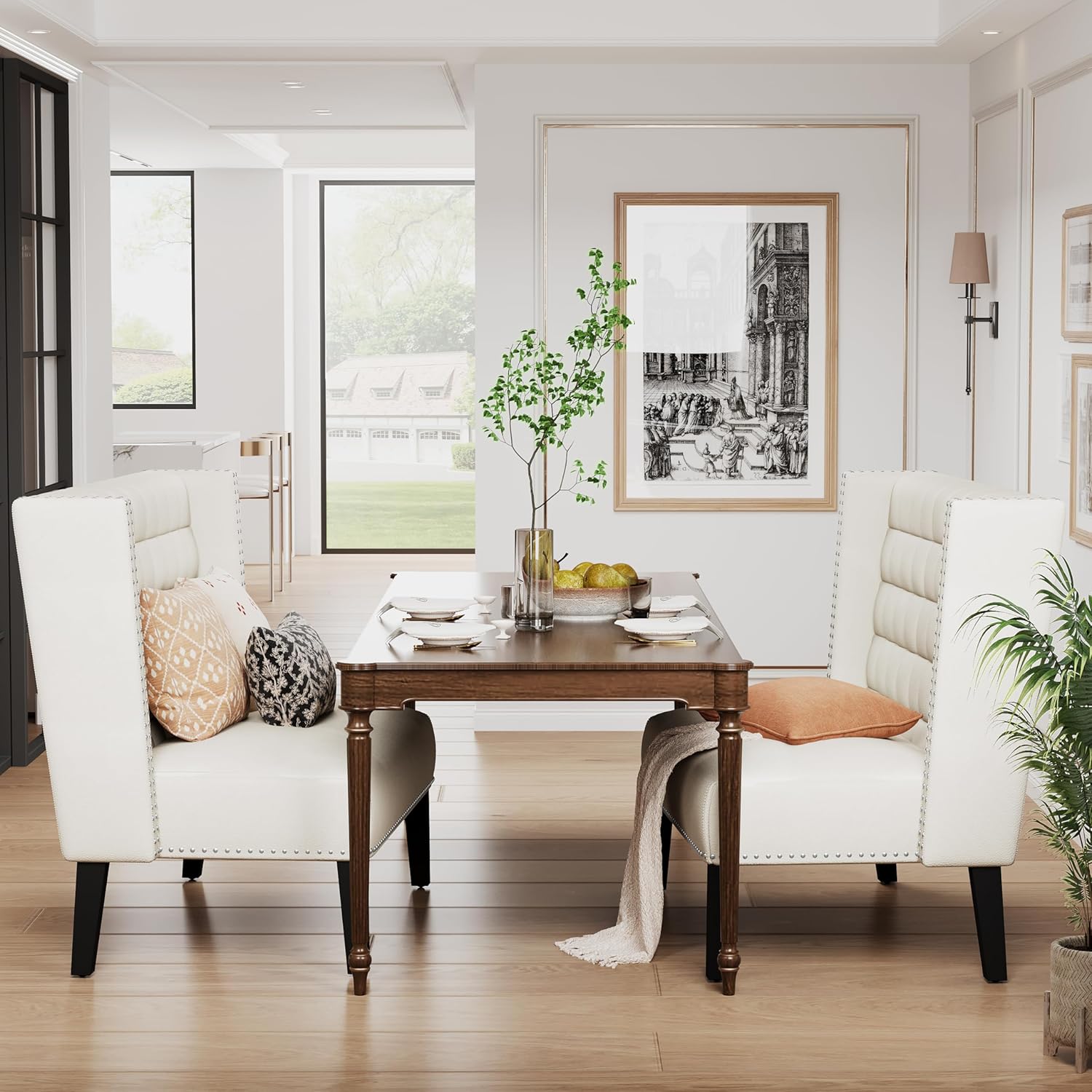Andeworld Moderno sofá biplaza, banco tapizado de comedor con respaldo para comedor, sala de estar, pasillo o asiento de entrada, color blanco
