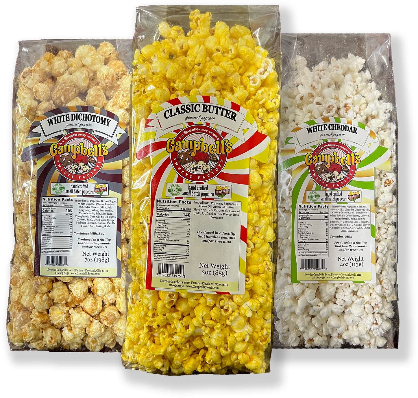 Campbell’s Sweets Factory Cheddar blanco, dicotomía blanca y mantequilla, sabores gourmet de palomitas de maíz  3 bolsas individuales, paquete