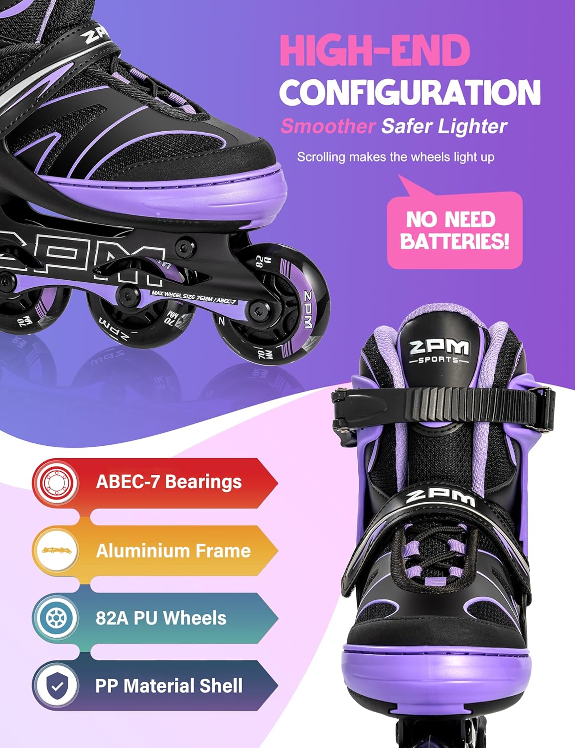 2PM SPORTS Patines en línea ajustables para niños de 4 a 12 años, patines Inlie para niñas y niños de 5 a 8 a 12 años con ruedas de luz completa,
