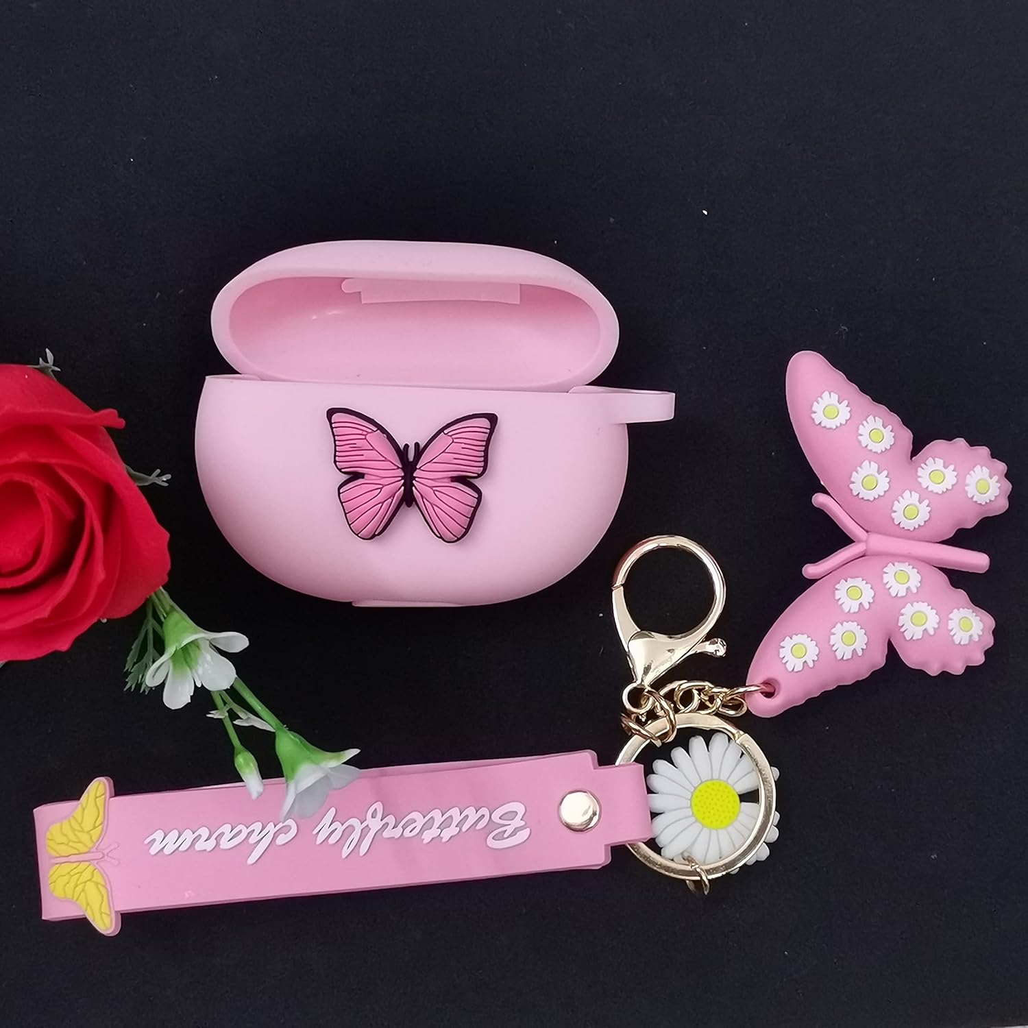 Bonita funda para los nuevos Beats Studio Buds + 20212023 con llavero de mariposa, funda de carga Kawaii de silicona Beats Studio Buds, funda de