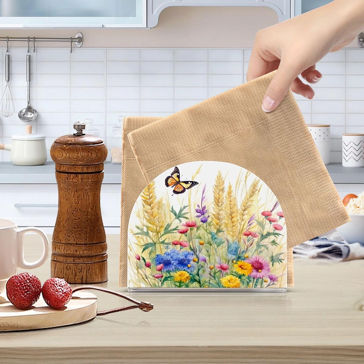 Napkin Holder Rustic Wildflowers Butterfly Napkin Holders for Tables, Clear Acrylic Napkin Holders Cocktail Napkin Holder for Kitchen Restaurant Bar