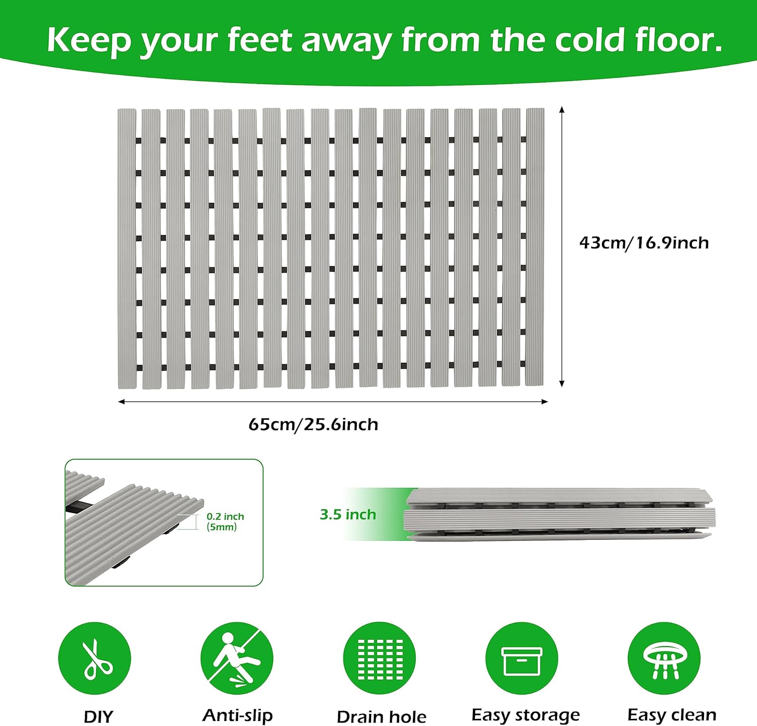 Alfombrilla antideslizante para bañera con gran orificio de drenaje, corte DIY para ducha dentro exterior, tapete de baño fácil de secar, ecológico