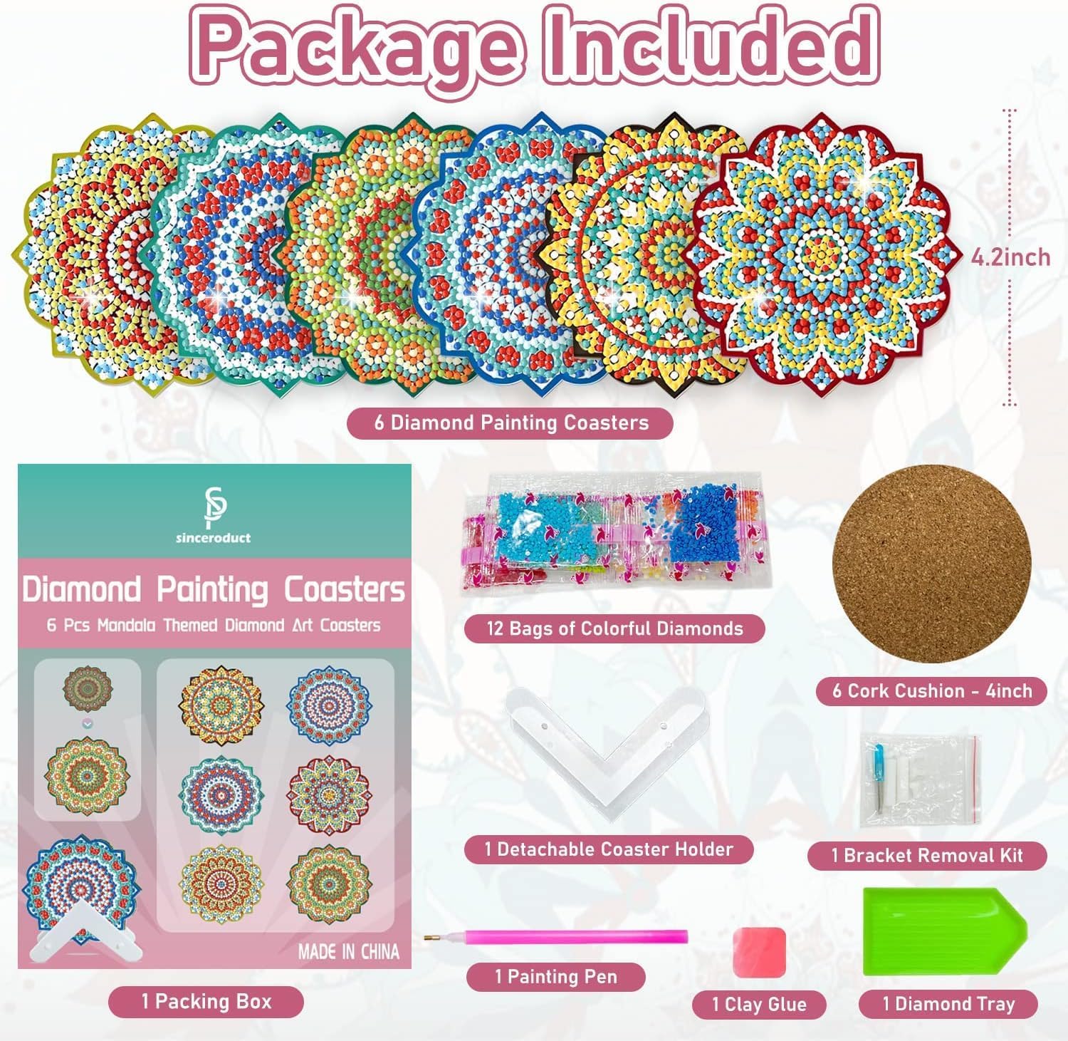 sinceroduct Kit de posavasos de pintura de diamante, hermoso patrón de mandala, posavasos de pintura de diamante con soporte, kits de arte de