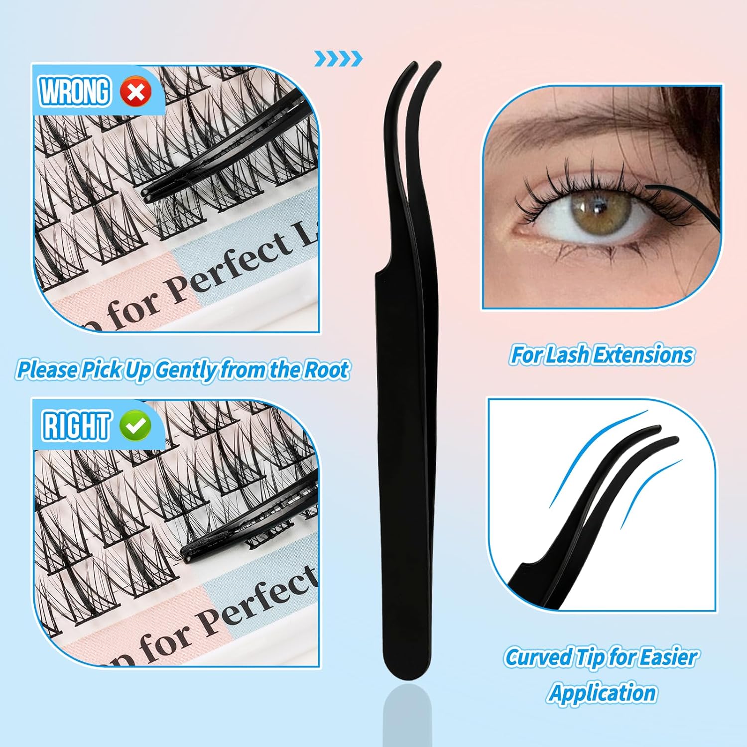QUEWEL – Kit de extensiones de pestañas en grupo con pegamento de adhesión y sellado impermeable y de larga duración, incluye herramienta