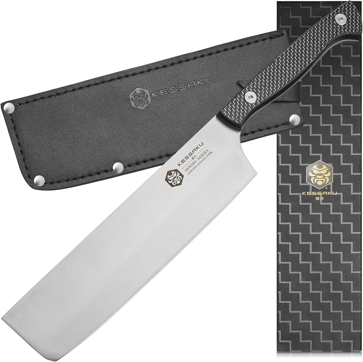 KESSAKU Cuchillo Nakiri para verduras de 8 pulgadas, serie Senshi, acero inoxidable japonés forjado AUS-8 de alto carbono, mango de fibra de carbono
