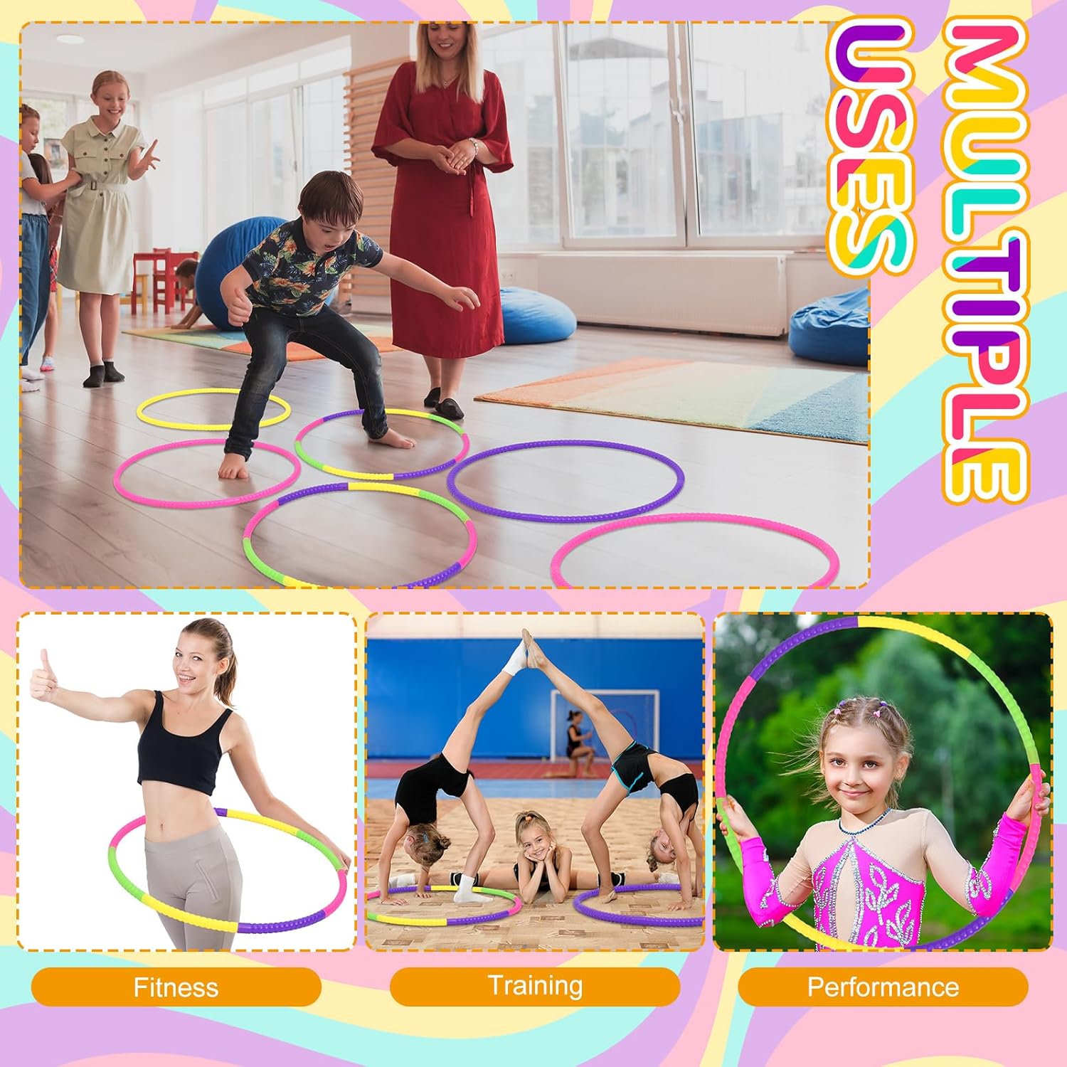 Sratte 12 aros de juguete para niños, aro de juguete desmontable ajustable de color, aro de ejercicio, círculos de plástico para niños,