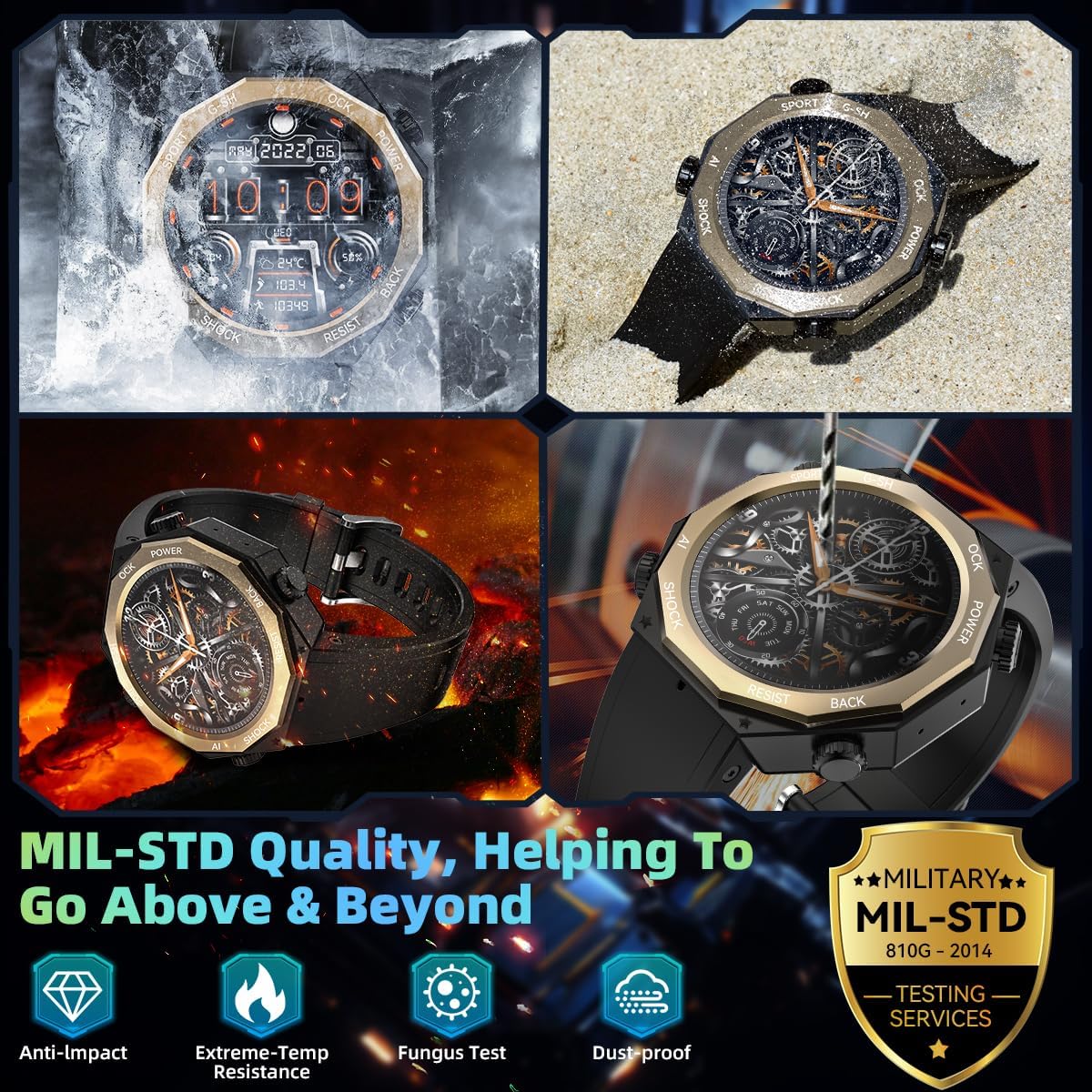 Alpha Gear – Reloj inteligente militar para hombre (respuestahacer llamada) 1.45 pulgadas AMOLED táctico al aire libre 100M impermeable rastreador