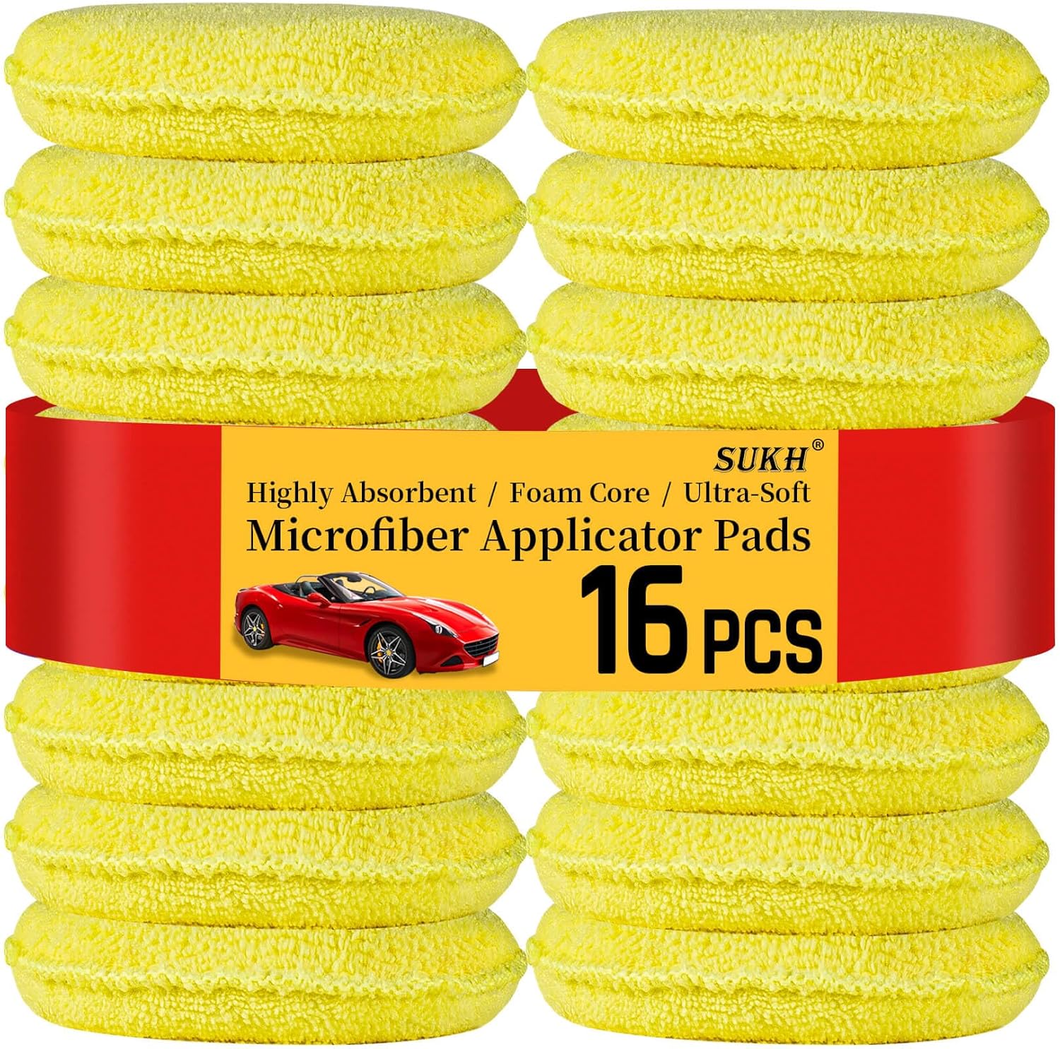 Sukh Paquete de 16 almohadillas aplicadoras de espuma de microfibra, almohadilla aplicadora de cera para detallar, esponjas de pulido redondas de