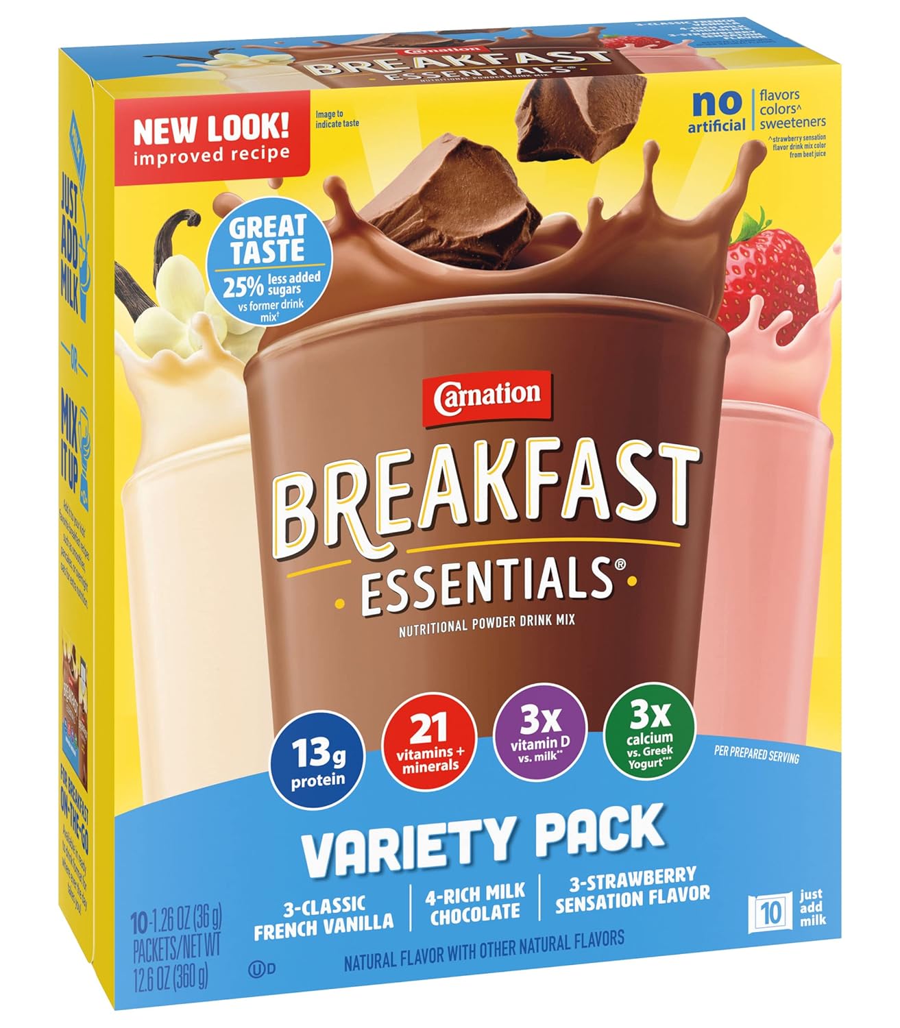 Carnation Instant Breakfast Essentials, paquete variado, 10 unidades, unidades de 1.26 onzas (paquete de 3)