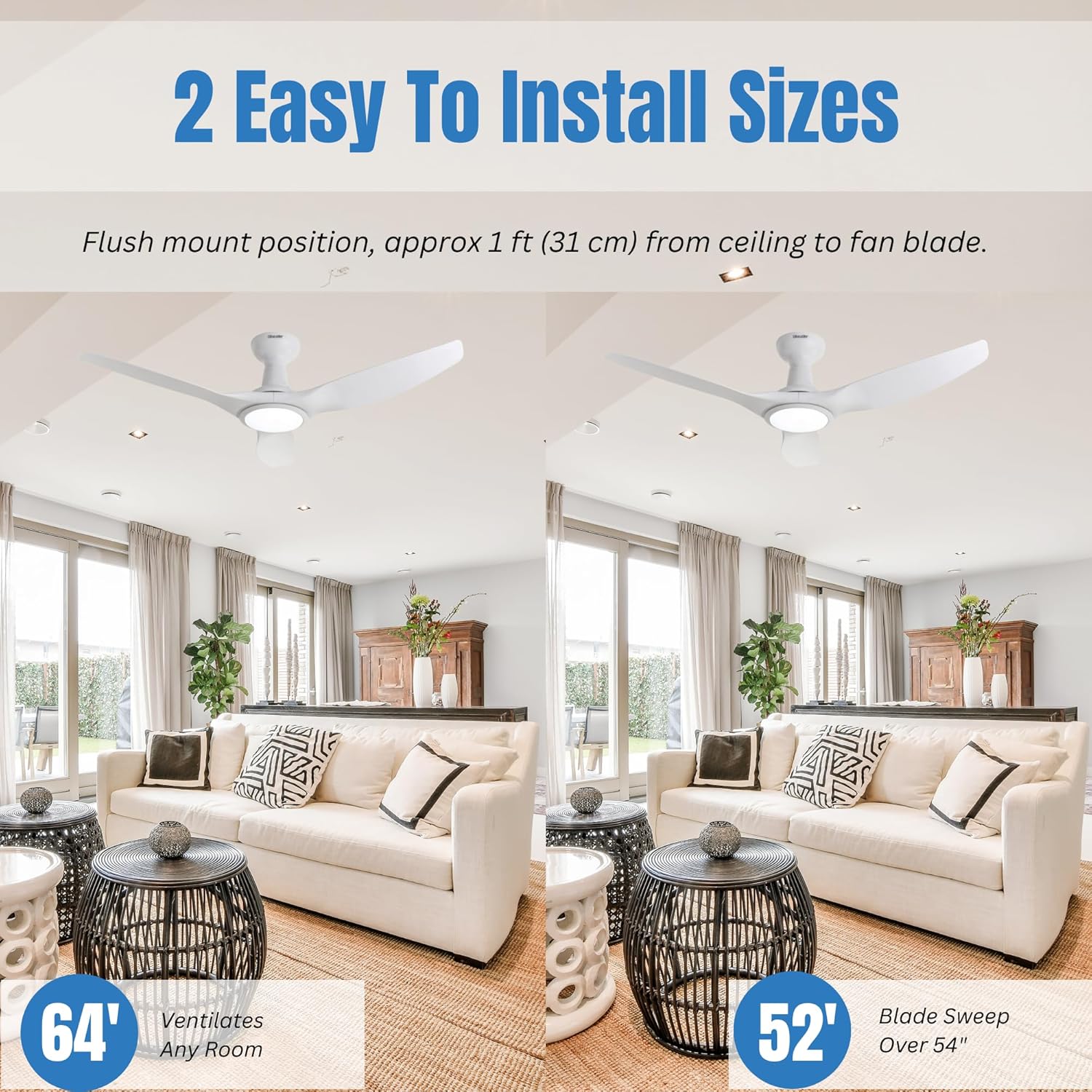 Venta Ventiladores de techo de 3 aspas con certificación ETL de 52 pulgadas con control remoto de luces, ventilador de techo blanco con luz LED y