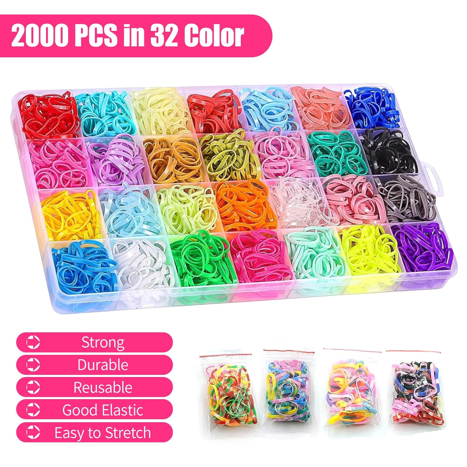 Lazos para el cabello, bandas de goma de 32 colores para el cabello, elásticos para el cabello con 16 herramientas de peinado, 2000 lazos pequeños