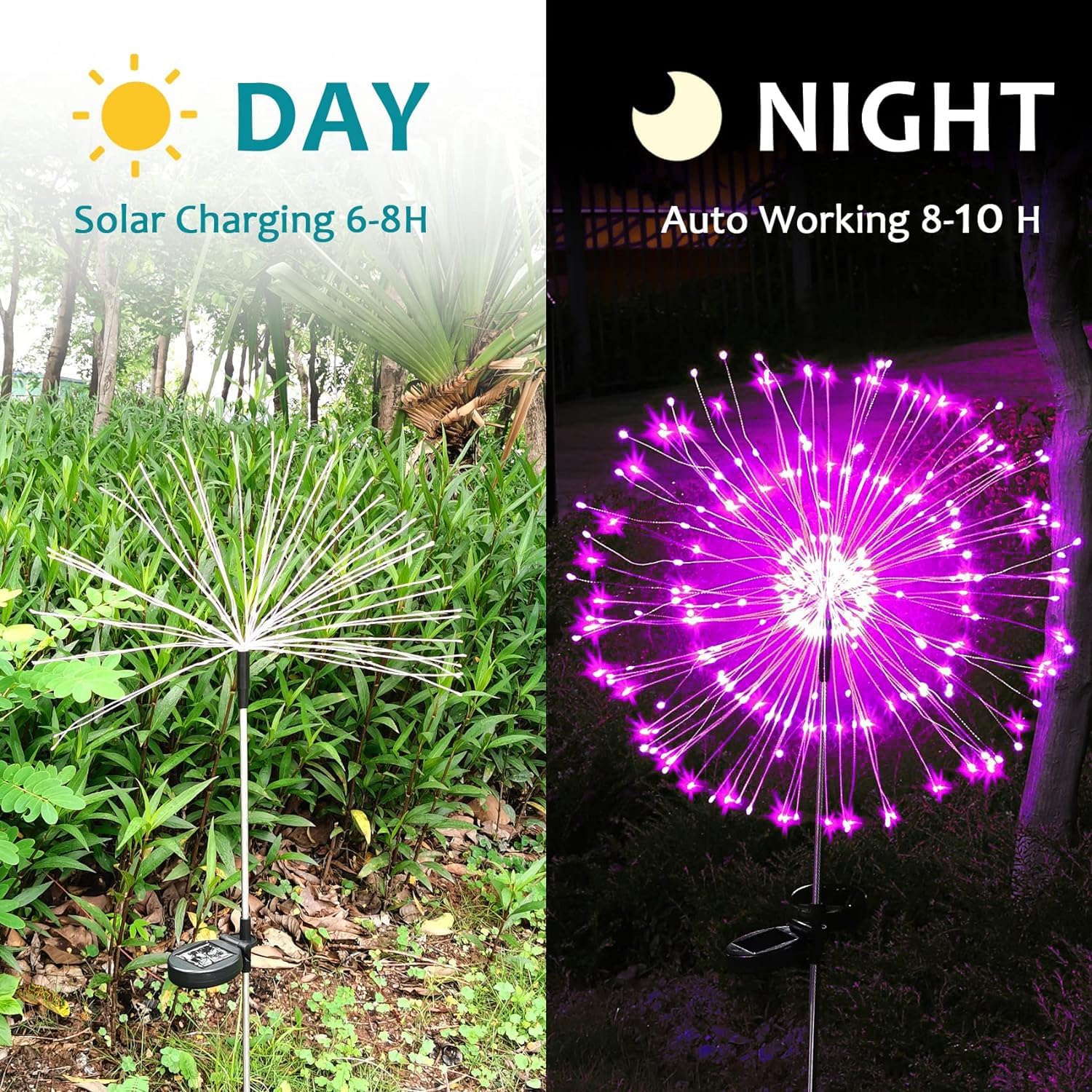 JJGoo Luces solares de jardín, luces solares de fuegos artificiales, paquete de 2, 120 LED, 2 modos de iluminación, luces solares para exteriores,
