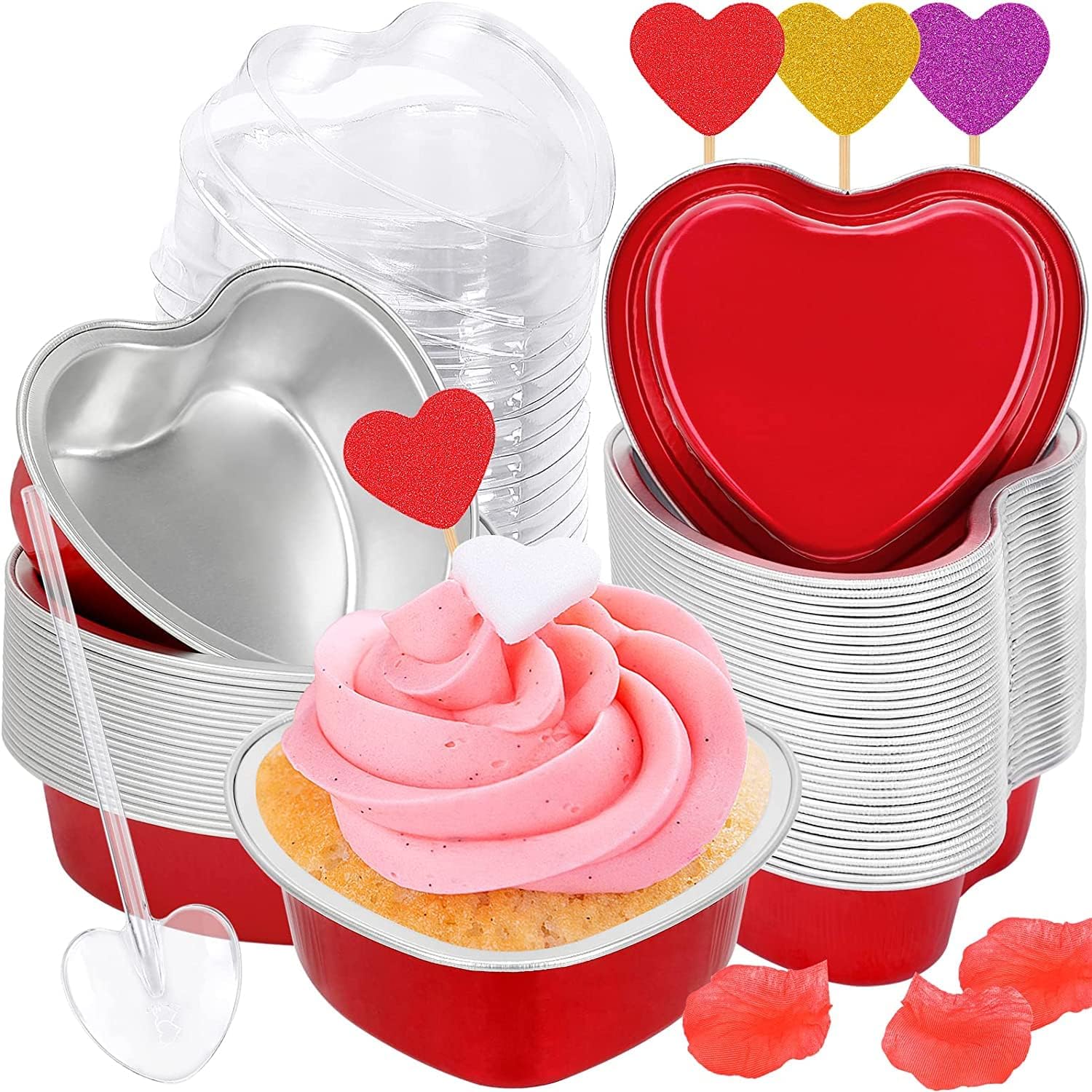 Moldes para pasteles en forma de corazón, paquete de 60 mini tazas de aluminio rojas de 3.4 onzas para hornear con tapas, cucharas, moldes