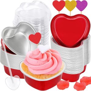 Moldes para pasteles en forma de corazón, paquete de 60 mini tazas de aluminio rojas de 3.4 onzas para hornear con tapas, cucharas, moldes Moldes para pasteles en forma de corazón, paquete de 60 mini tazas de aluminio rojas de 3.4 onzas para hornear con tapas, cucharas, moldes