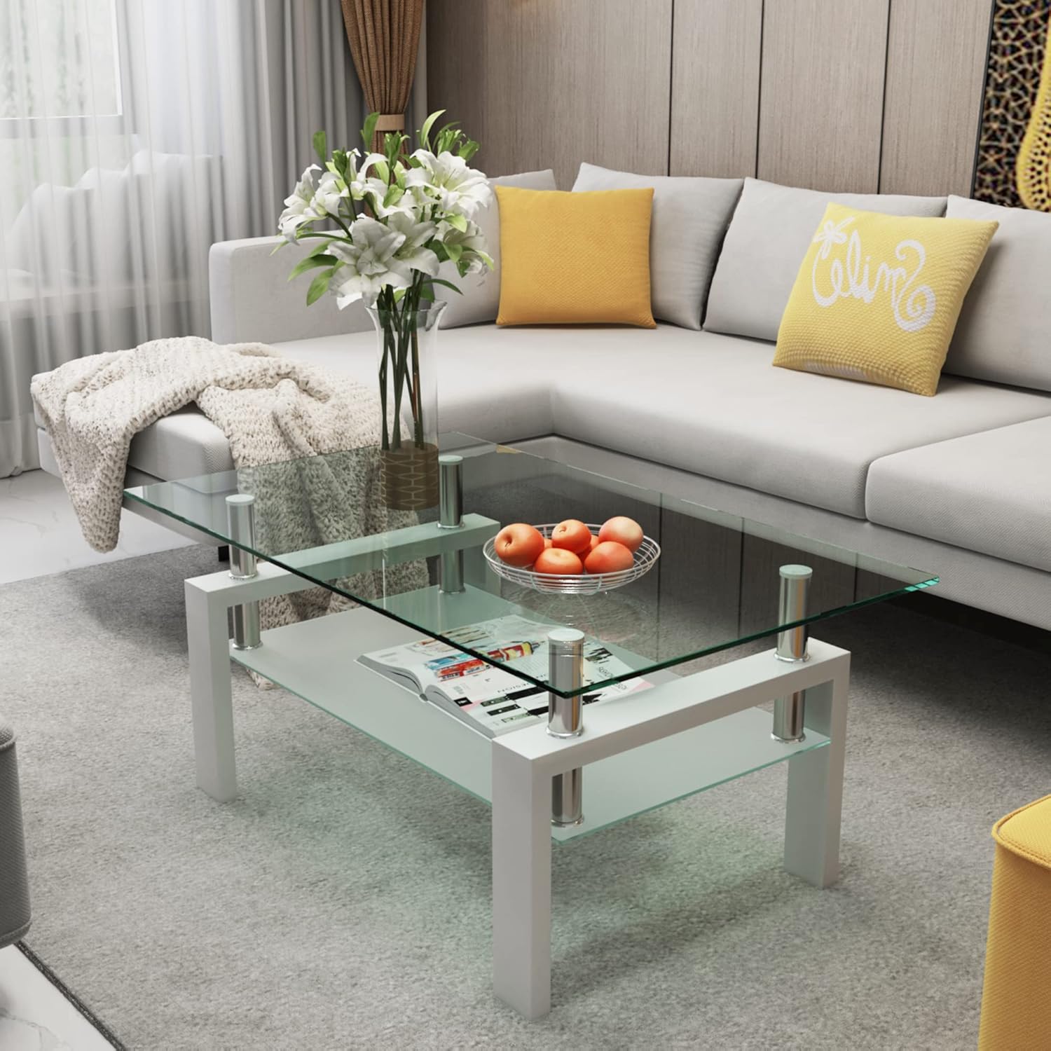 Mesa auxiliar de cristal para sala de estar, mesa de cóctel Mordern blanca de 2 capas para sofá con almacenamiento rectangular de vidrio templado,