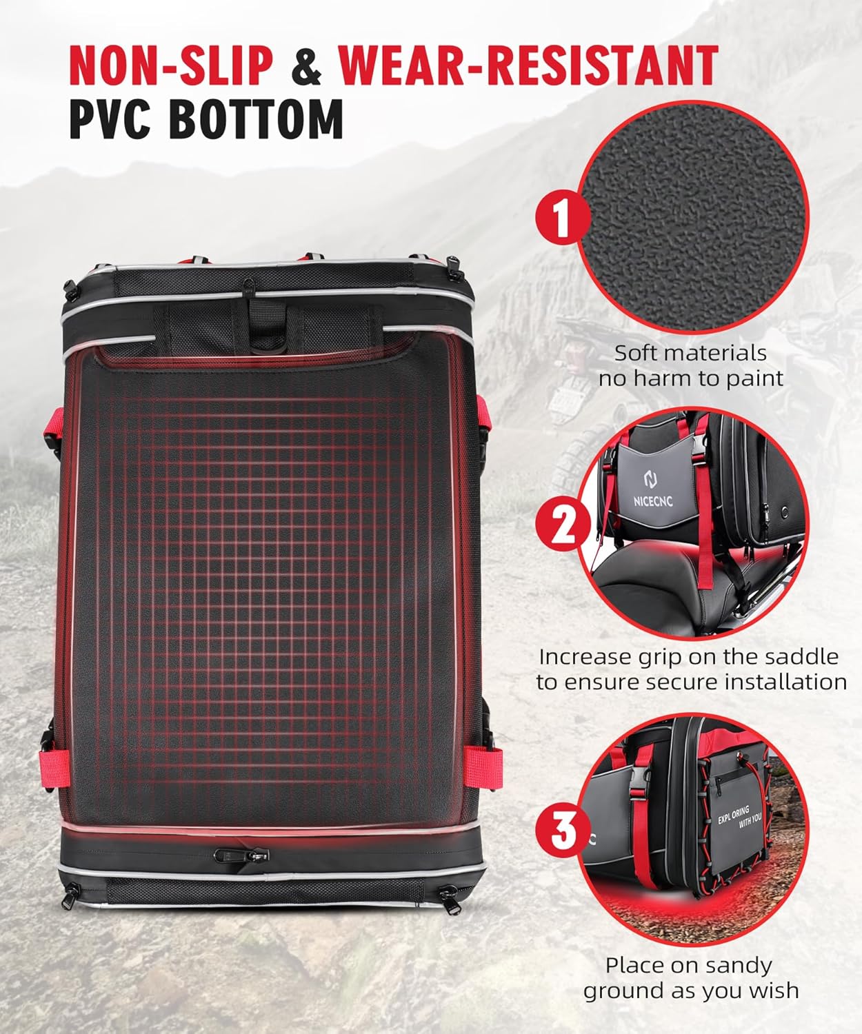 NICECNC Bolsa de equipaje para motocicleta, bolsa de asiento trasero de motocicleta expandible de 53 litros, bolsa universal de almacenamiento para