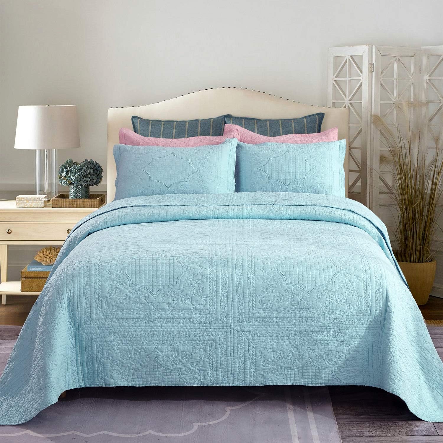 Brandream Juego de ropa de cama de lujo de granja 100% algodón, tamaño Queen, King, vintage, elegante, juego de colcha acolchada azul aguamarina (98