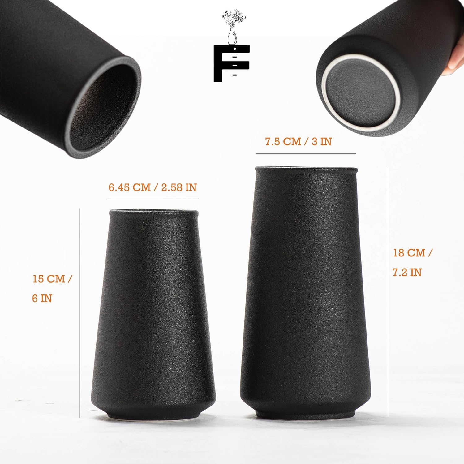 Juego de 2 jarrones negros de cerámica mate para centros de mesa, estilo bohemio pequeño y grande para decoración del hogar, apto para