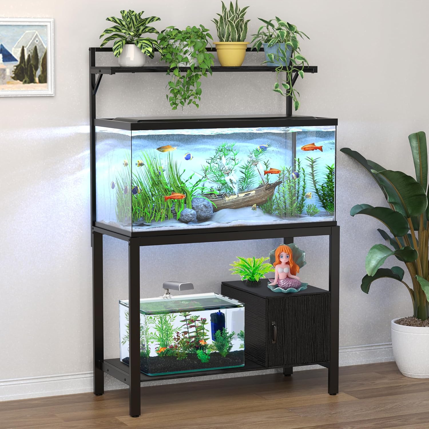 GDLF Soporte para pecera de 40 a 50 galones con estante para plantas, soporte de metal para acuario con almacenamiento de cubículos, mesa de 36.6 x