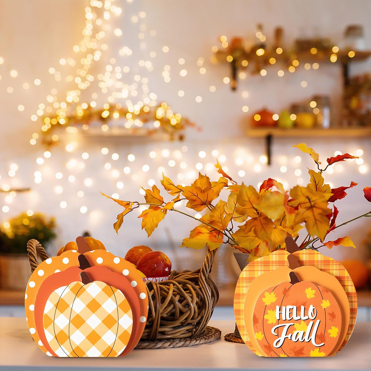 WATINC 2 piezas de decoración de mesa de madera de calabaza de otoño, decoración de bandeja escalonada de Acción de Gracias, juego de bloques de