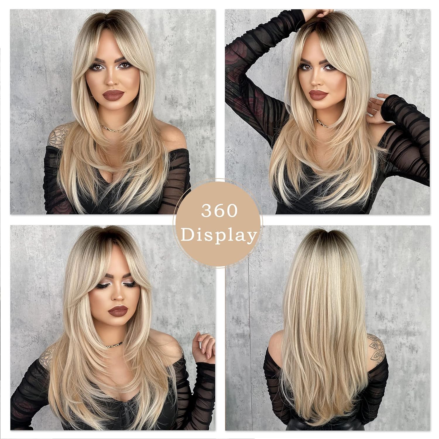 7JHH WIGS Peluca rubia larga con flequillo para mujer, fibra resistente al calor, pelucas de cabello sintético en capas de 25 pulgadas con raíces