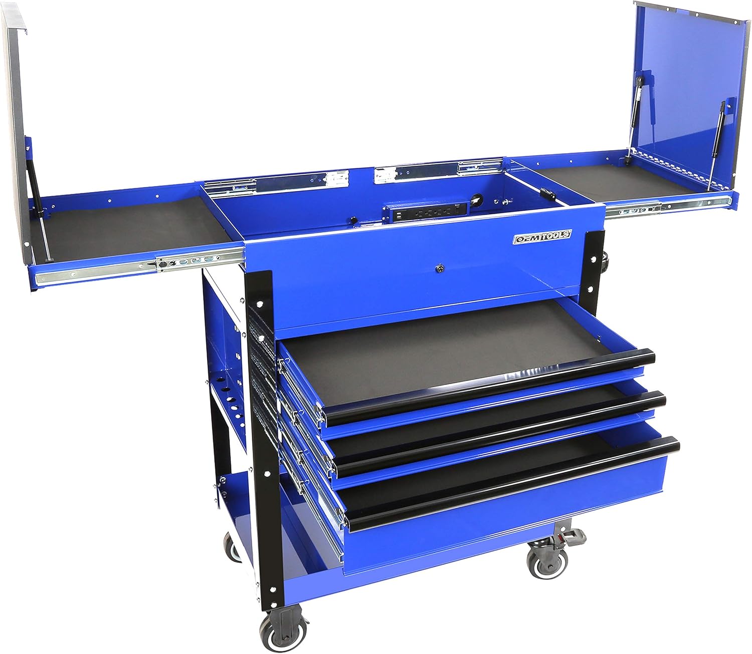 OEMTOOLS 24730 Carrito de herramientas deslizante de 3 cajones, caja de herramientas rodante con fuente de alimentación, compartimento superior
